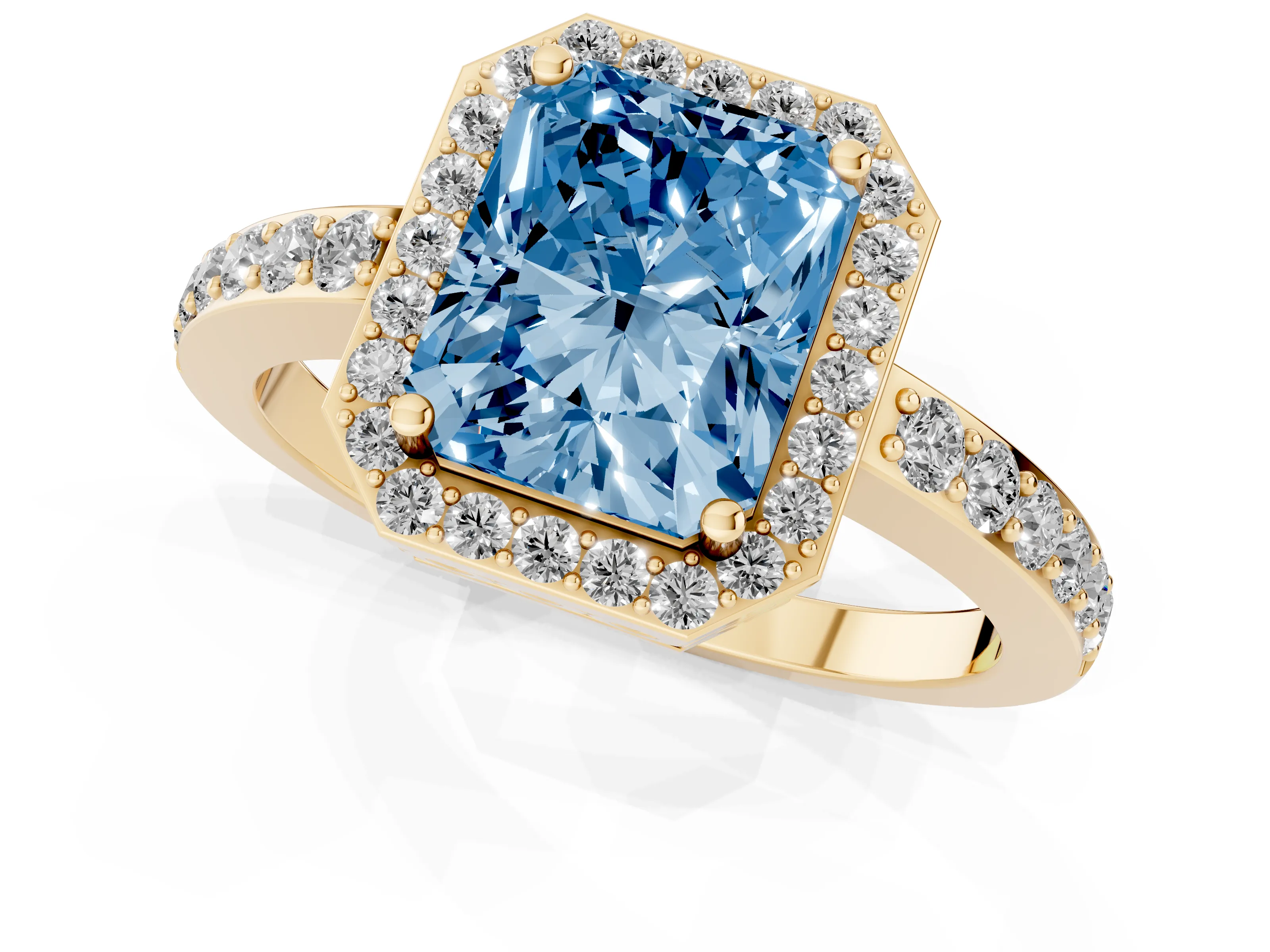 Fancy Blue Radiant Cut Diamond Halo Ring Set in Yellow gold with Pavé-Setting Band and Open Prong Center