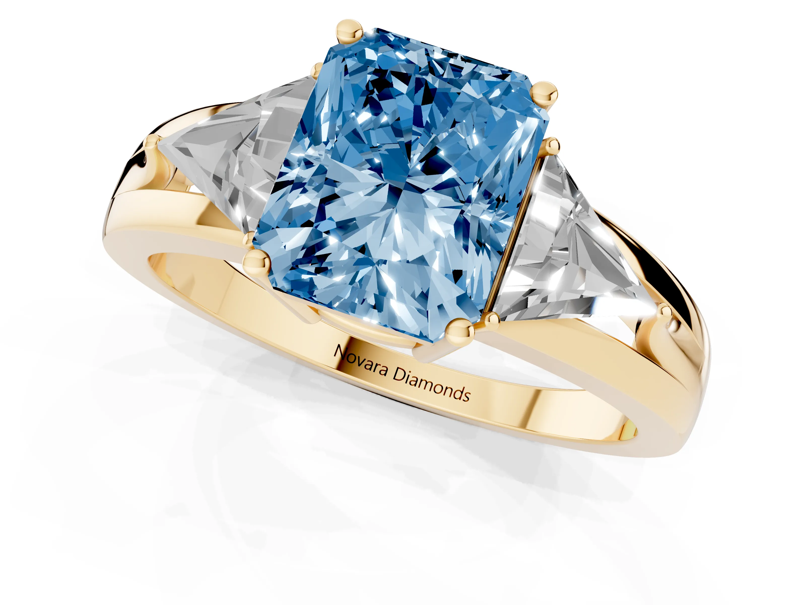 Fancy Blue Radiant Cut Diamond Three-Stone Ring Set in Yellow gold with Trillion Side Stones and Split Shank