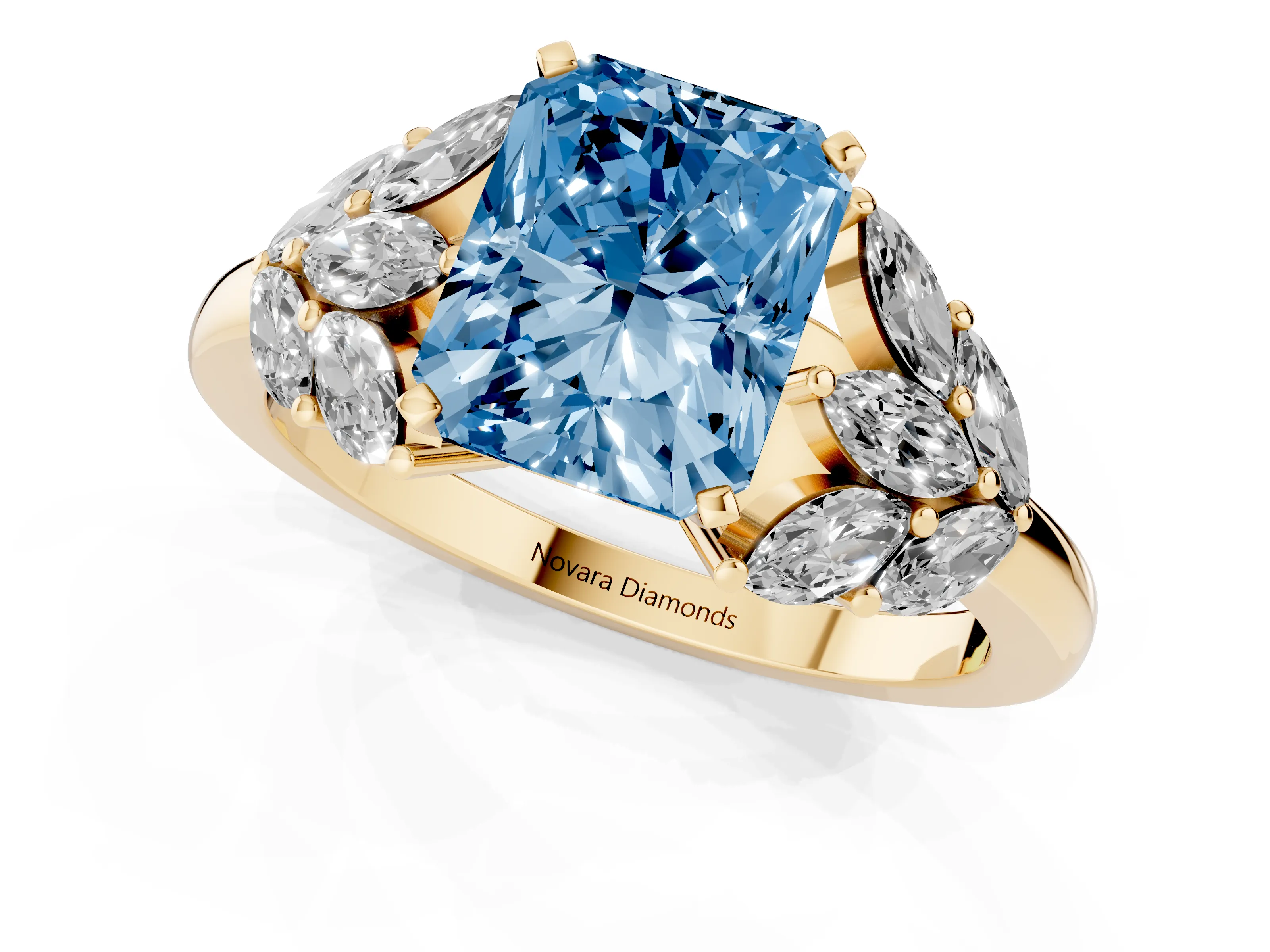 Fancy Blue Radiant Cut Diamond Cluster Leaf Design Ring Set in Yellow gold with Prong Setting