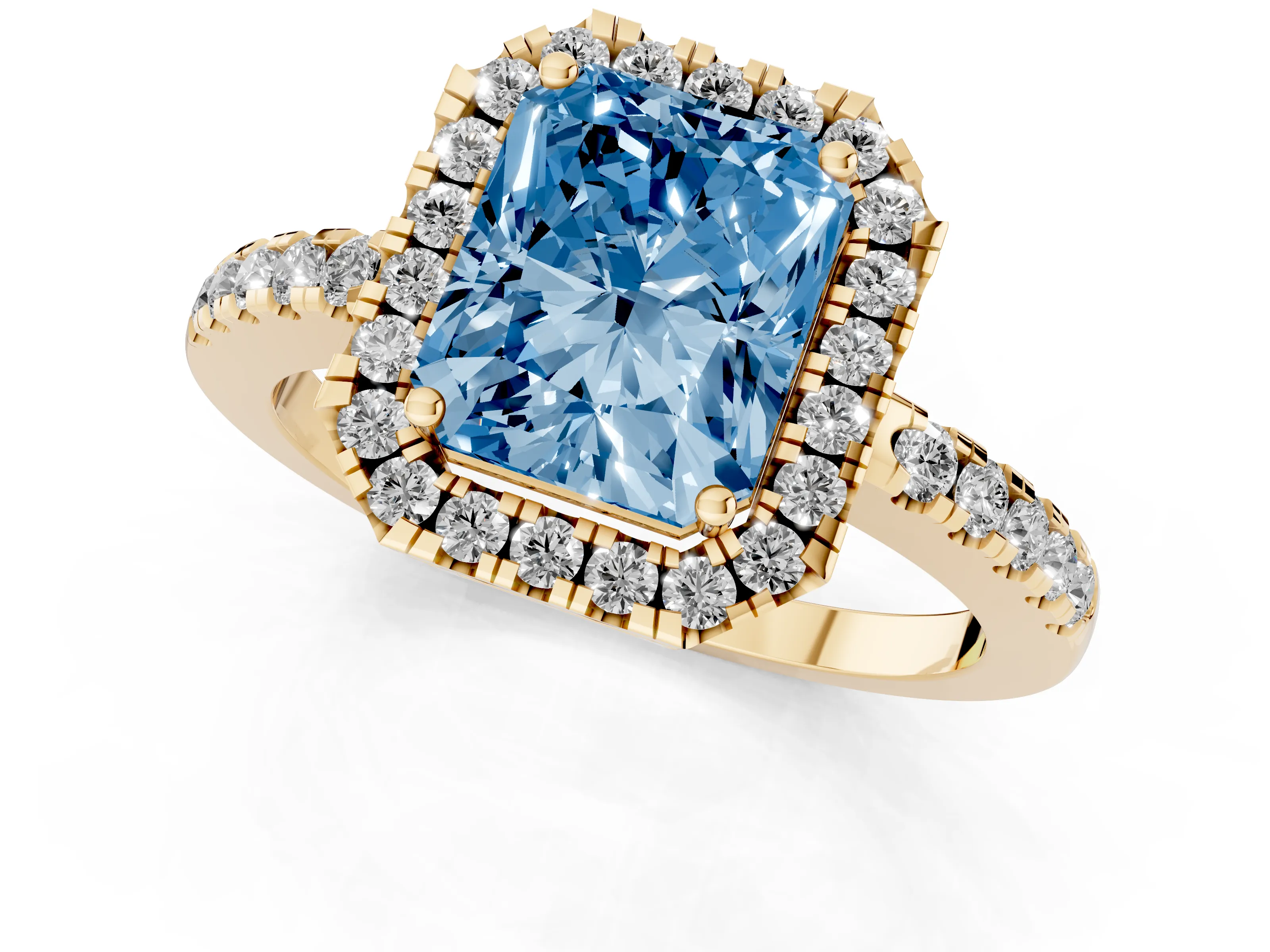 Fancy Blue Radiant Cut Diamond Pavé Band Halo Engagement Ring Set in Yellow gold with Prong Setting