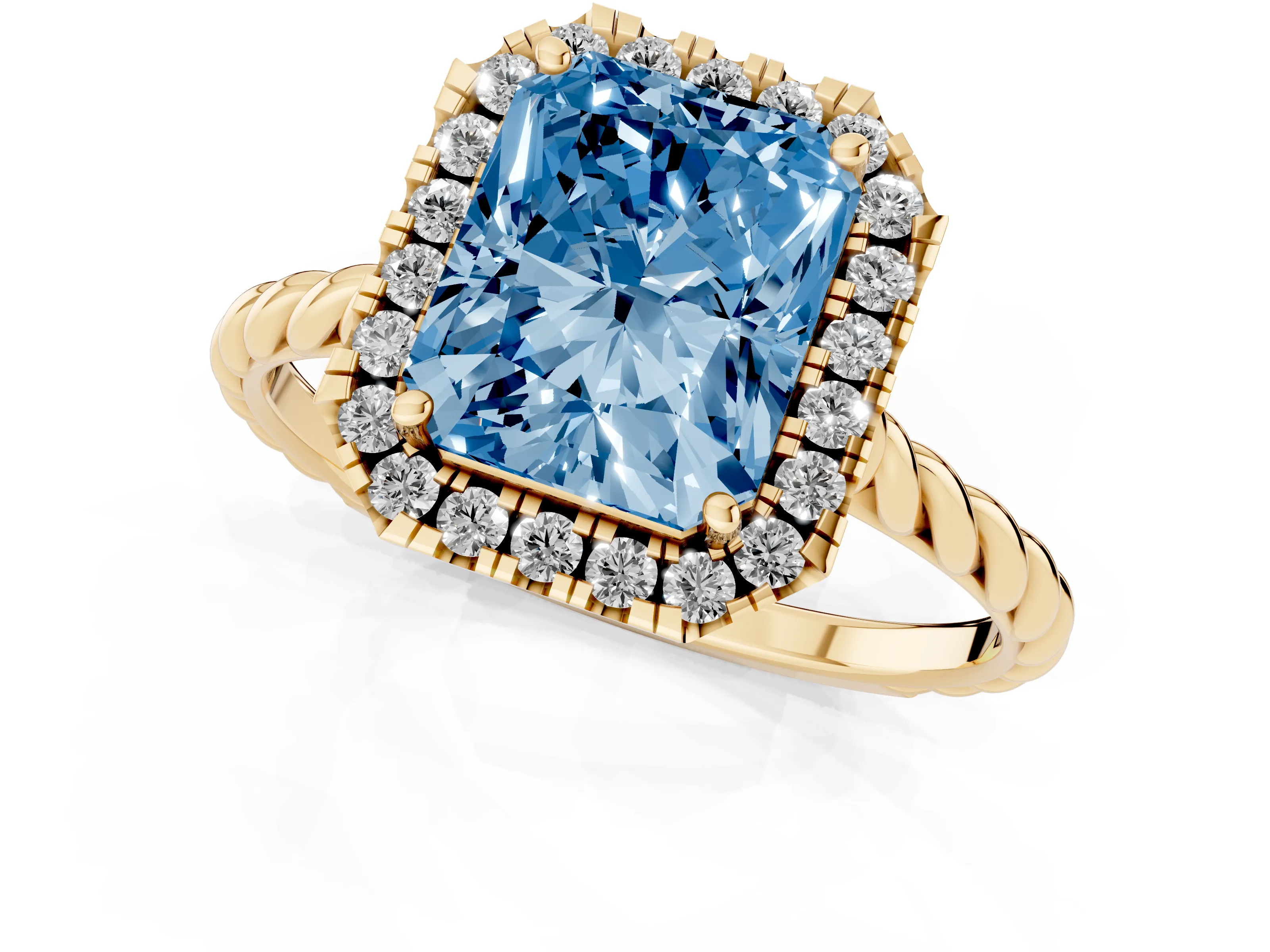 Fancy Blue Radiant Cut Diamond Halo Ring Set in Yellow gold with Plain Twisted Band