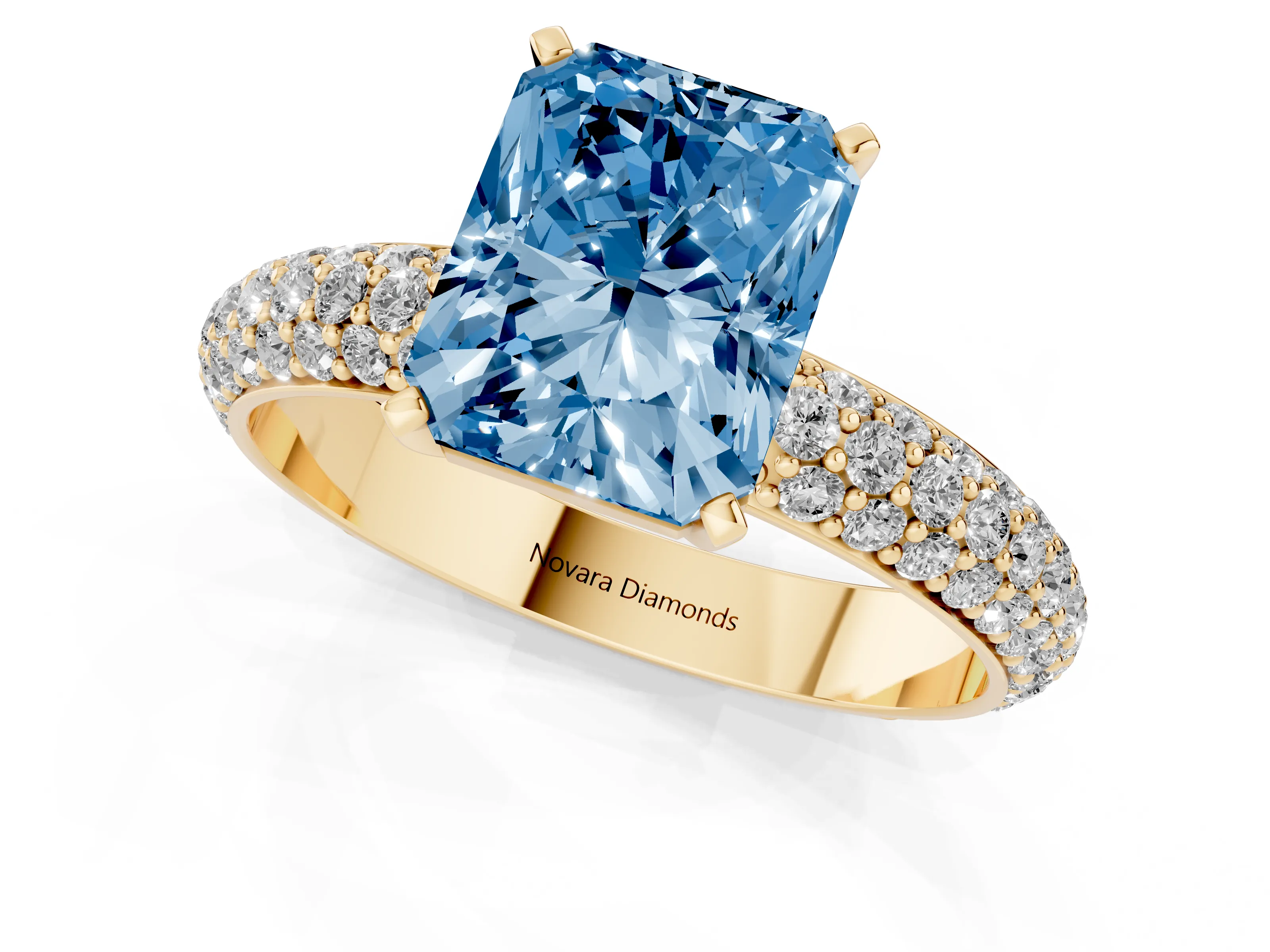 Fancy Blue Radiant Cut Diamond Solitaire Ring Set in Yellow gold with Prong Setting and Pavé-Set Band