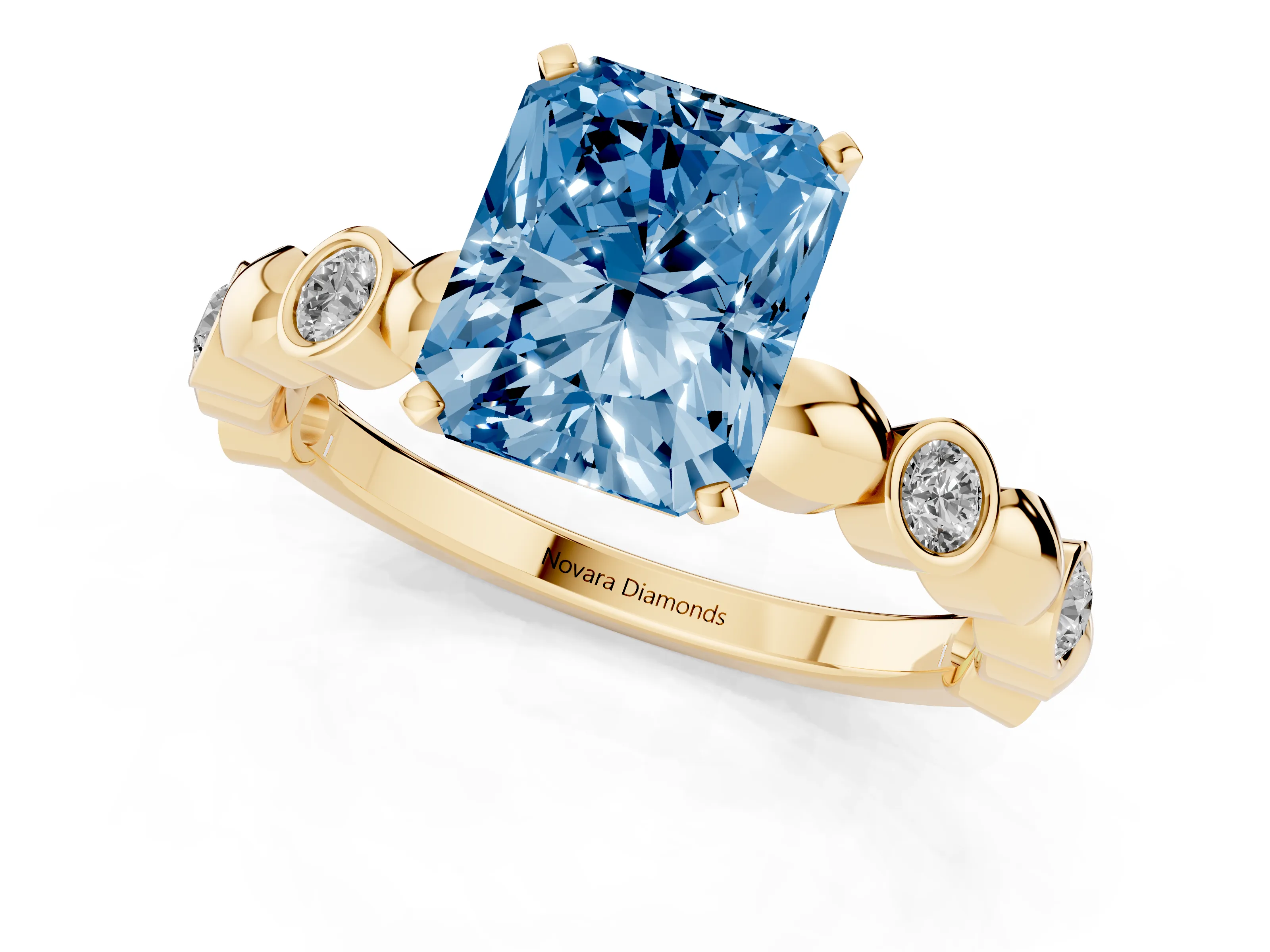 Fancy Blue Radiant Cut Diamond Solitaire Ring Set in Yellow gold with Bezel-Set Accents on Beaded Band and Prong Setting