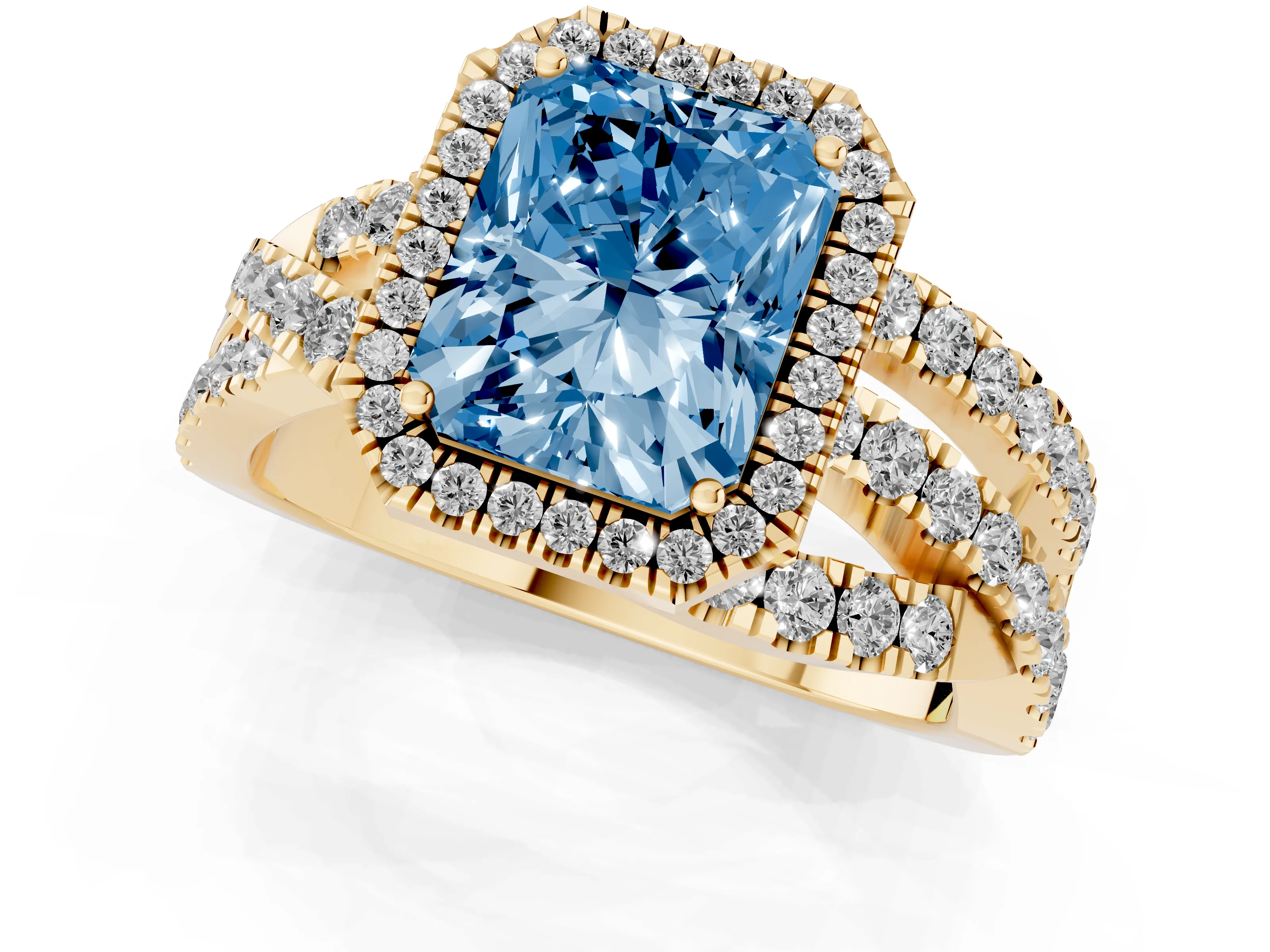 Fancy Blue Radiant Cut Diamond Halo Ring Set in Yellow gold with Round Crossover Split Shank and Prong Setting