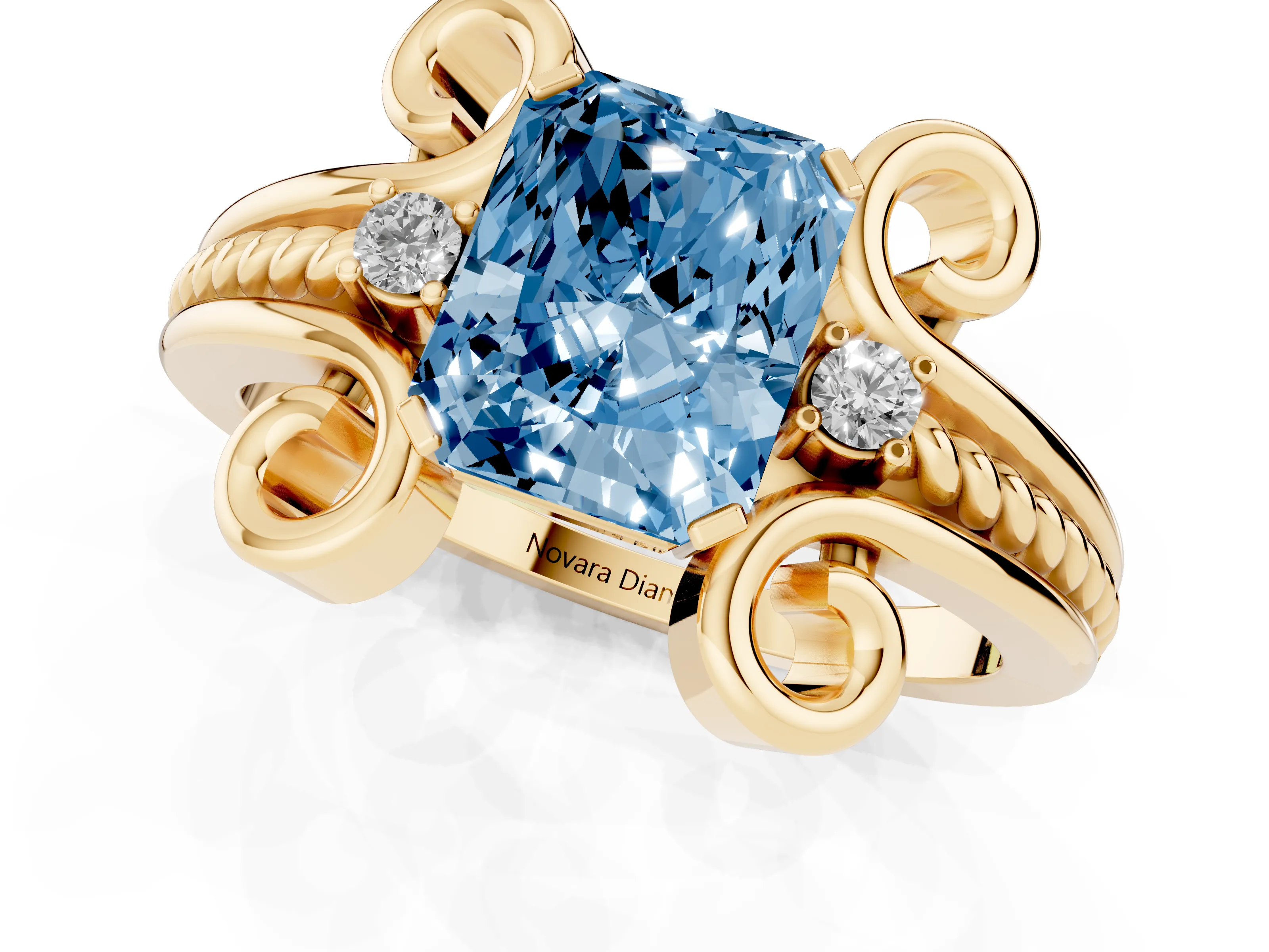 Fancy Blue Radiant Cut Diamond Twisted Band Solitaire Ring Set in Yellow gold with Scroll Prongs
