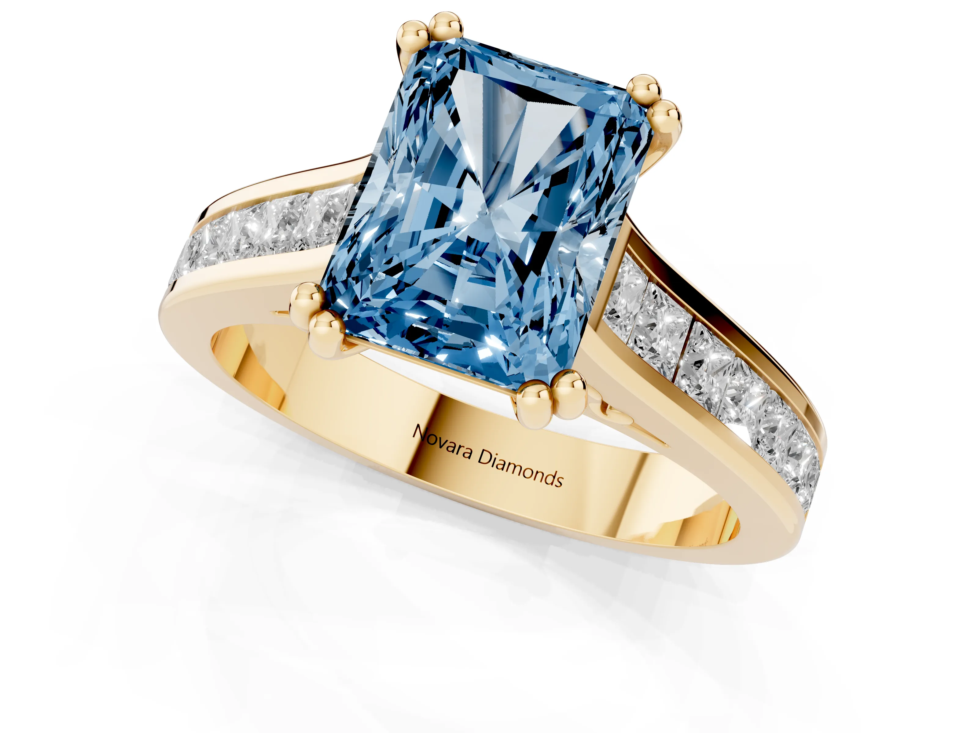 Fancy Blue Radiant Cut Diamond Channel Set Solitaire Engagement Ring Set in Yellow gold with Prong Setting