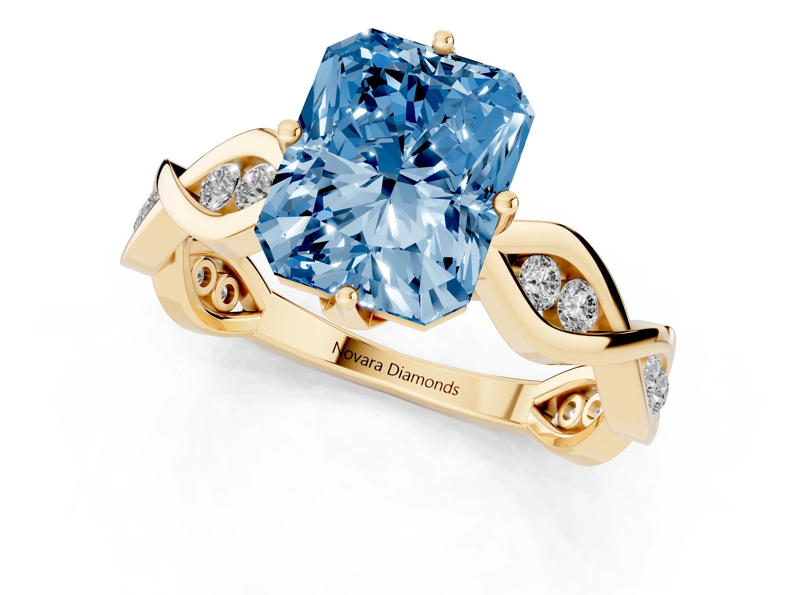 Fancy Blue Radiant Cut Diamond Twist Band Solitaire Ring Set in Yellow gold with Leaf Prong Setting and Accent Stones