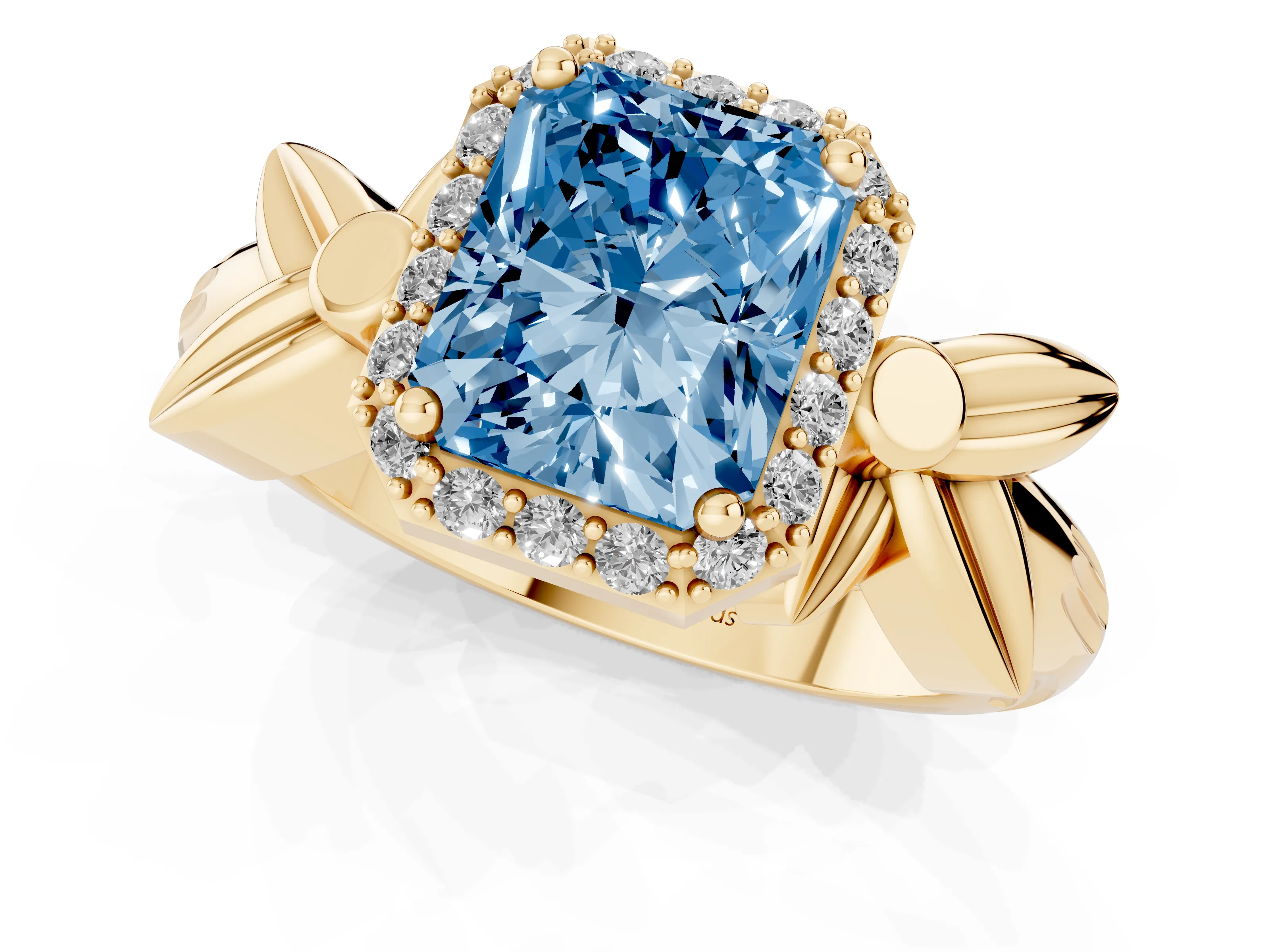 Fancy Blue Radiant Cut Diamond Halo Floral Band Ring Set in Yellow gold with Prong Setting
