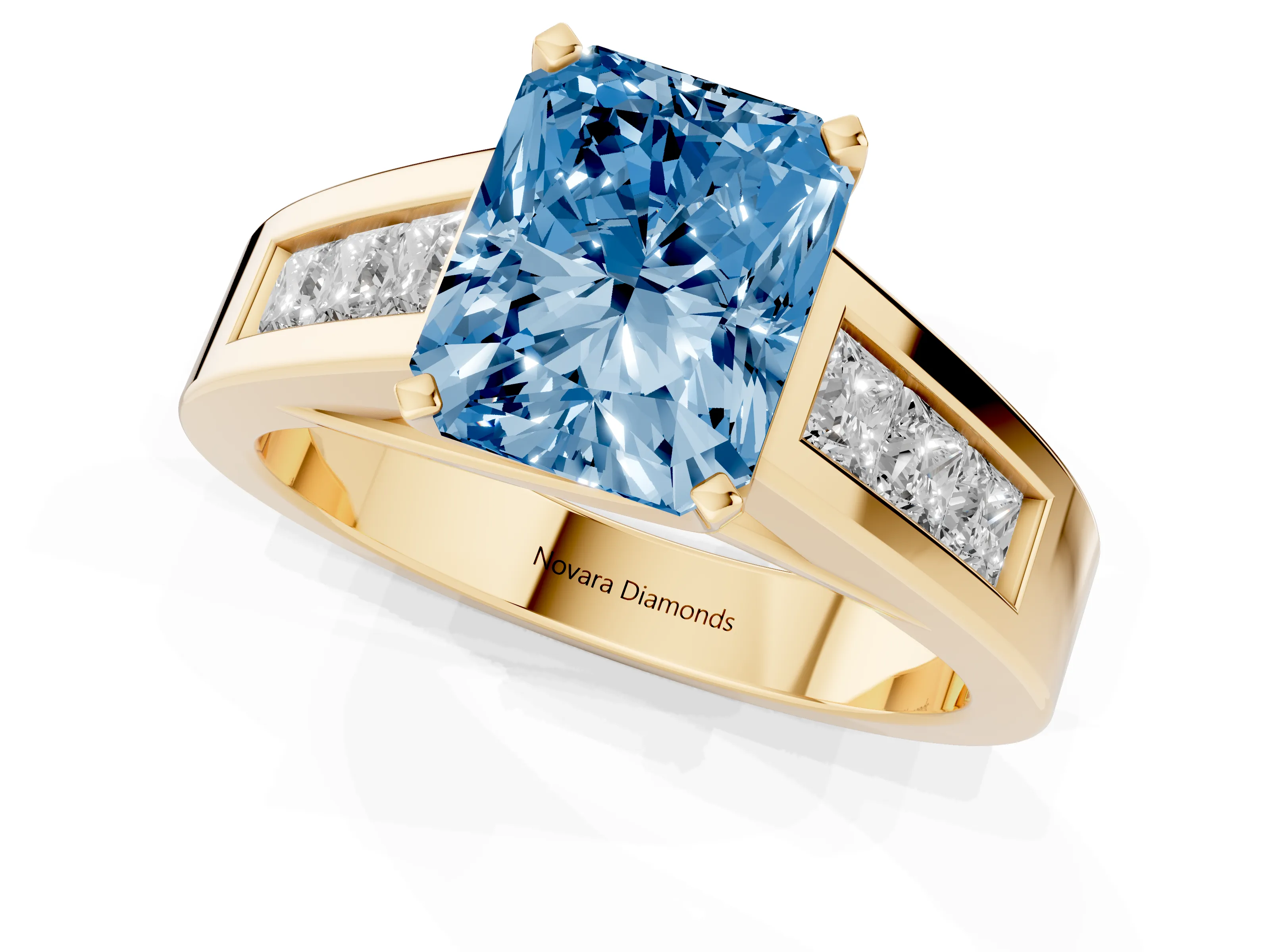 Fancy Blue Radiant Cut Diamond Solitaire Ring Set in Yellow gold with Channel-Set Accent Stones and Prong Setting