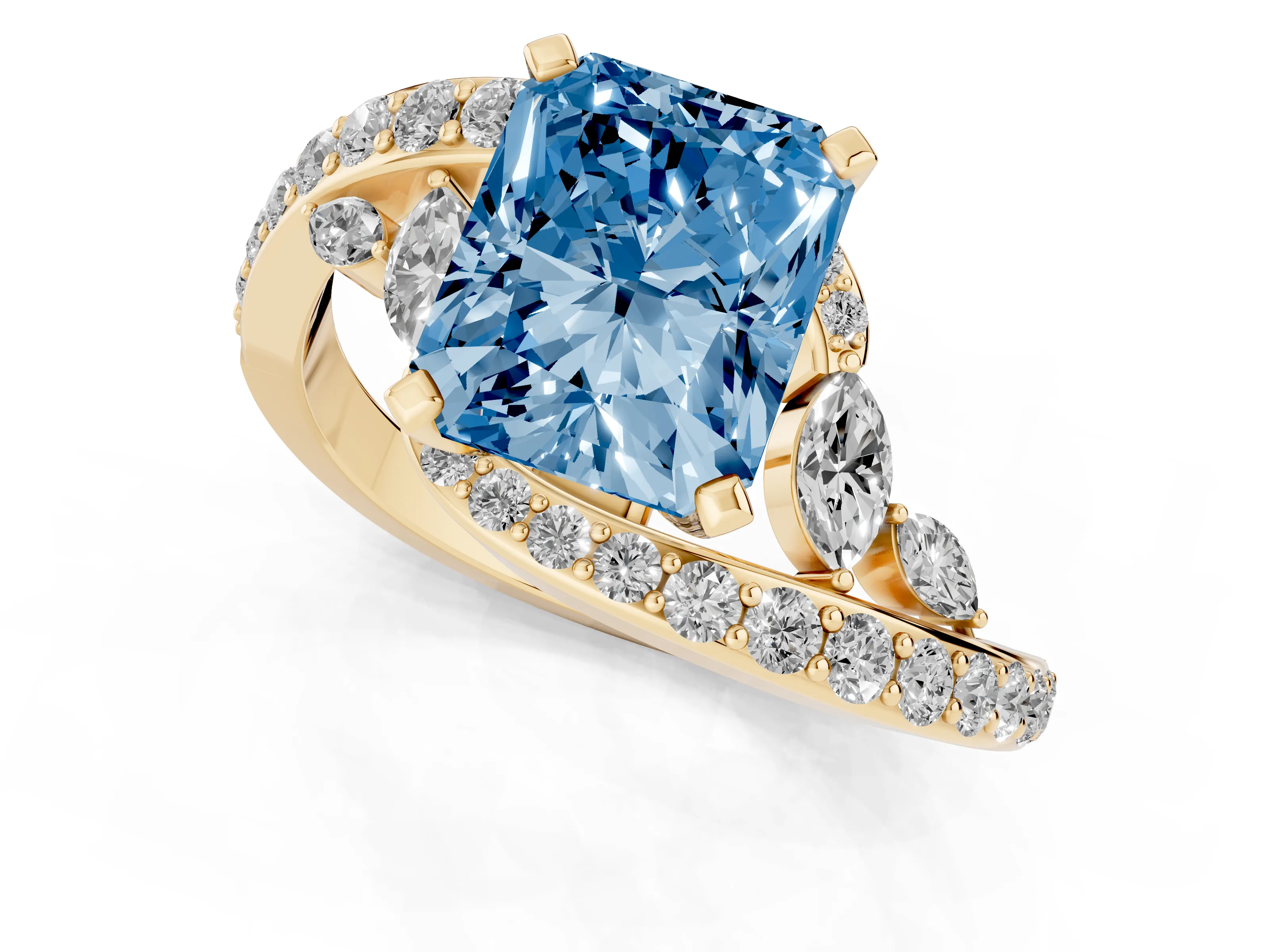 Fancy Blue Radiant Cut Diamond Solitaire Ring Set in Yellow gold with Pavé Twist Band and Secure Prong Setting