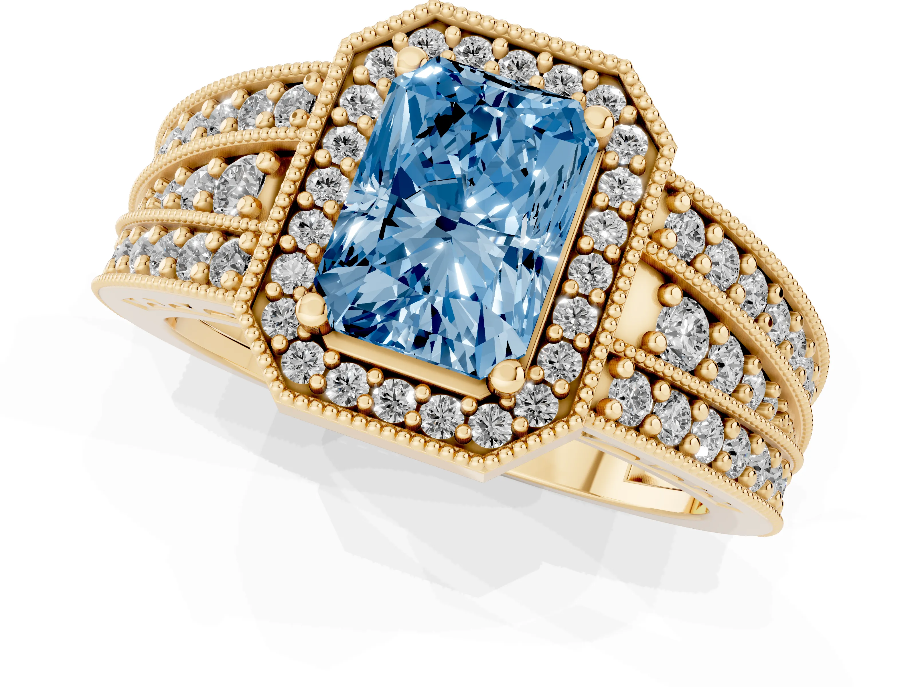 Fancy Blue Radiant Cut Diamond Halo Ring Set in Yellow gold with Accent Split Shank and Prong Setting