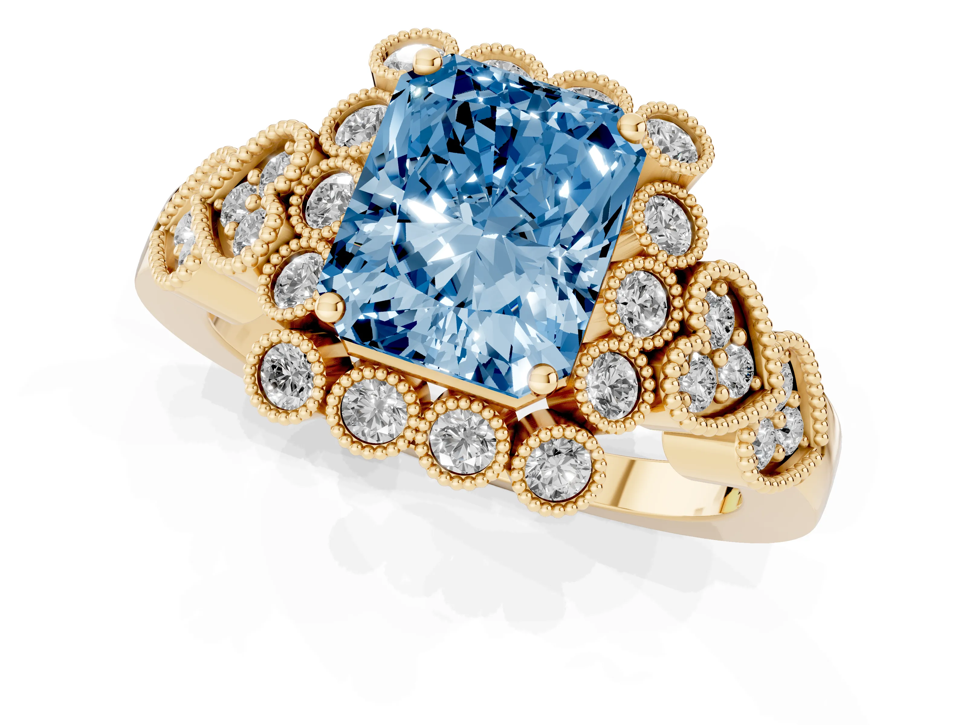 Fancy Blue Radiant Cut Diamond Solitaire Ring Set in Yellow gold with Milgrain Pavé Heart Band