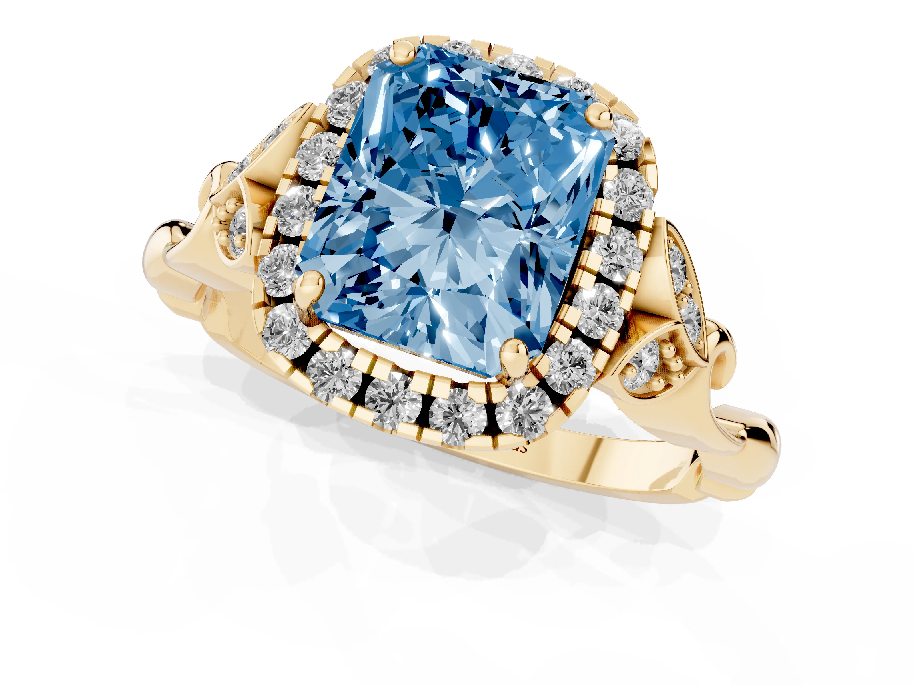 Fancy Blue Radiant Cut Diamond Halo Engagement Ring Set in Yellow gold with Vintage-Inspired Band and Prong Setting