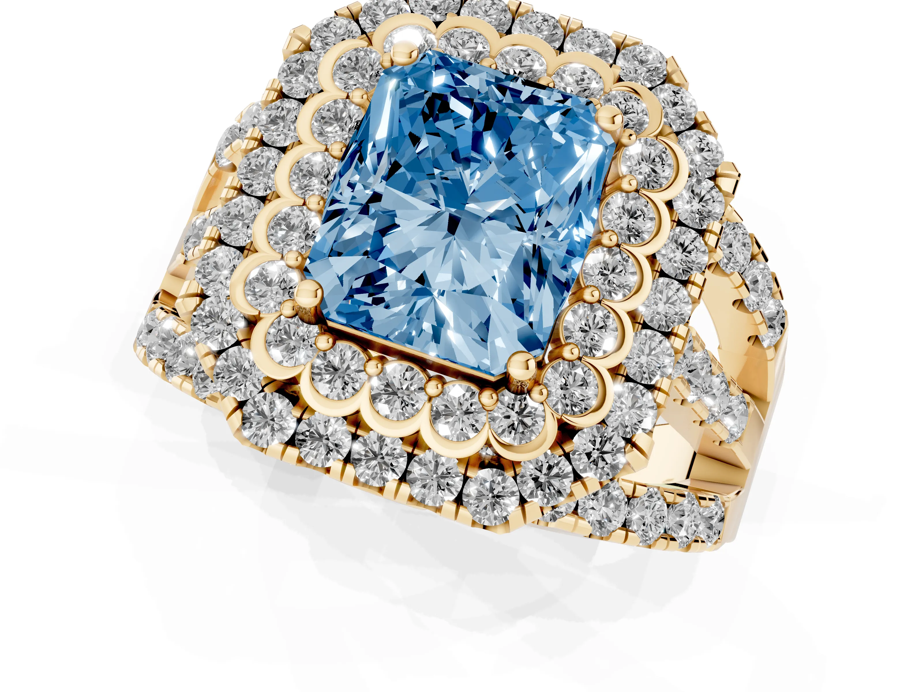 Fancy Blue Radiant Cut Diamond Double Halo Ring Set in Yellow gold with Round Pavé Split Shank
