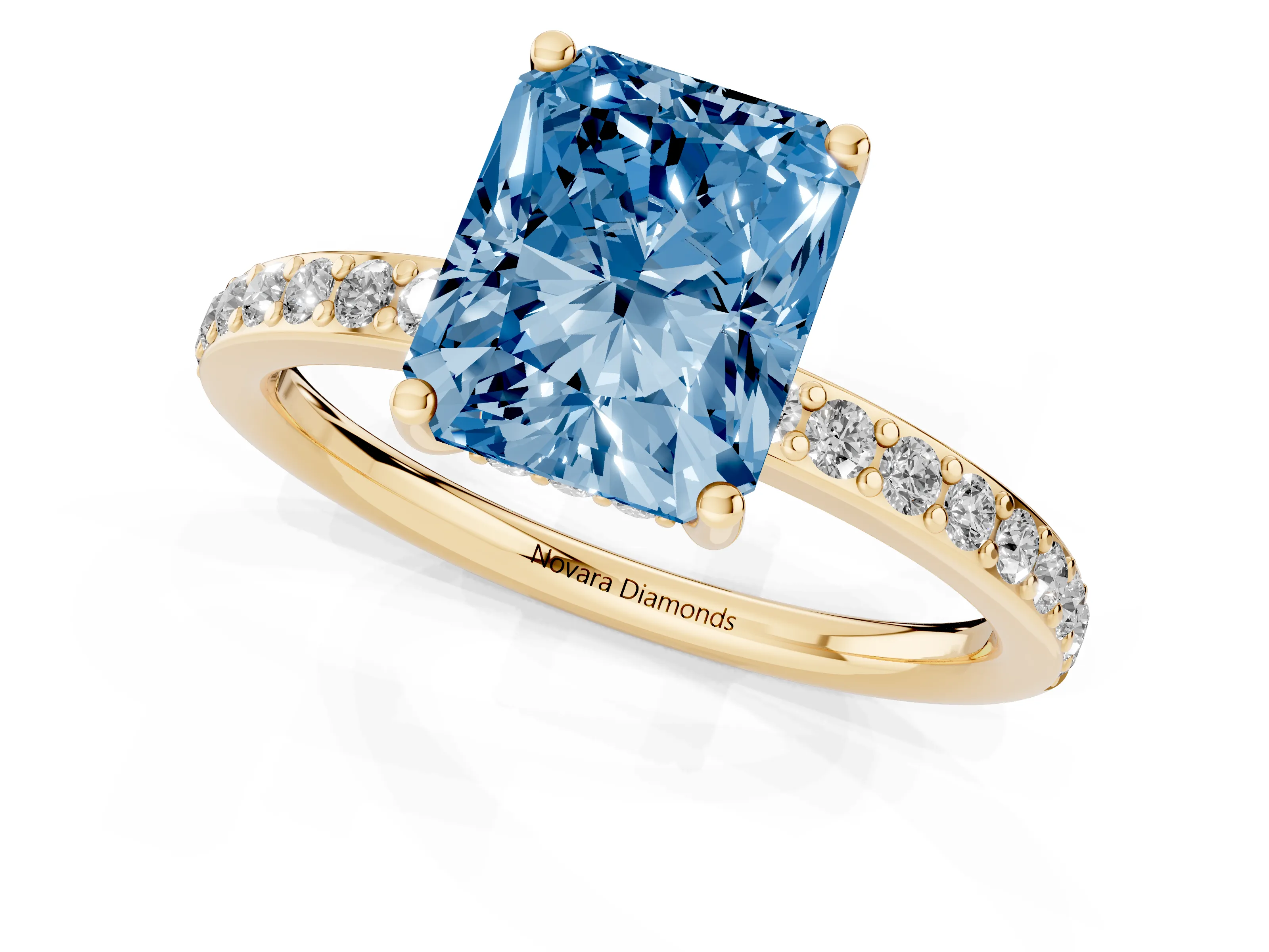 Fancy Blue Radiant Cut Diamond Pavé Band Ring Set in Yellow gold with Prong-Set Center Stone