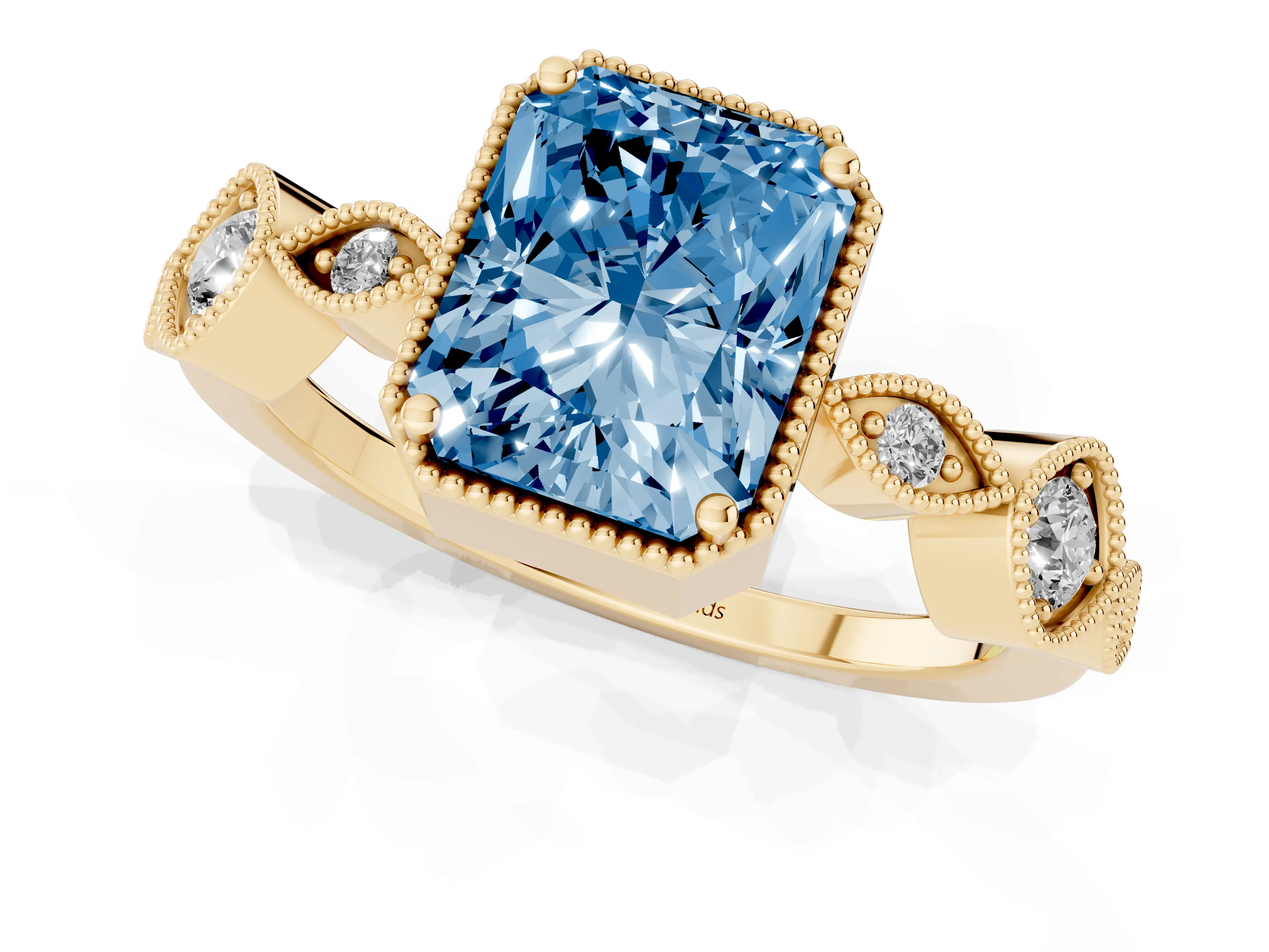 Fancy Blue Radiant Cut Diamond Vintage-Inspired Milgrain Ring Set in Yellow gold with Marquise Stations of Round Accents