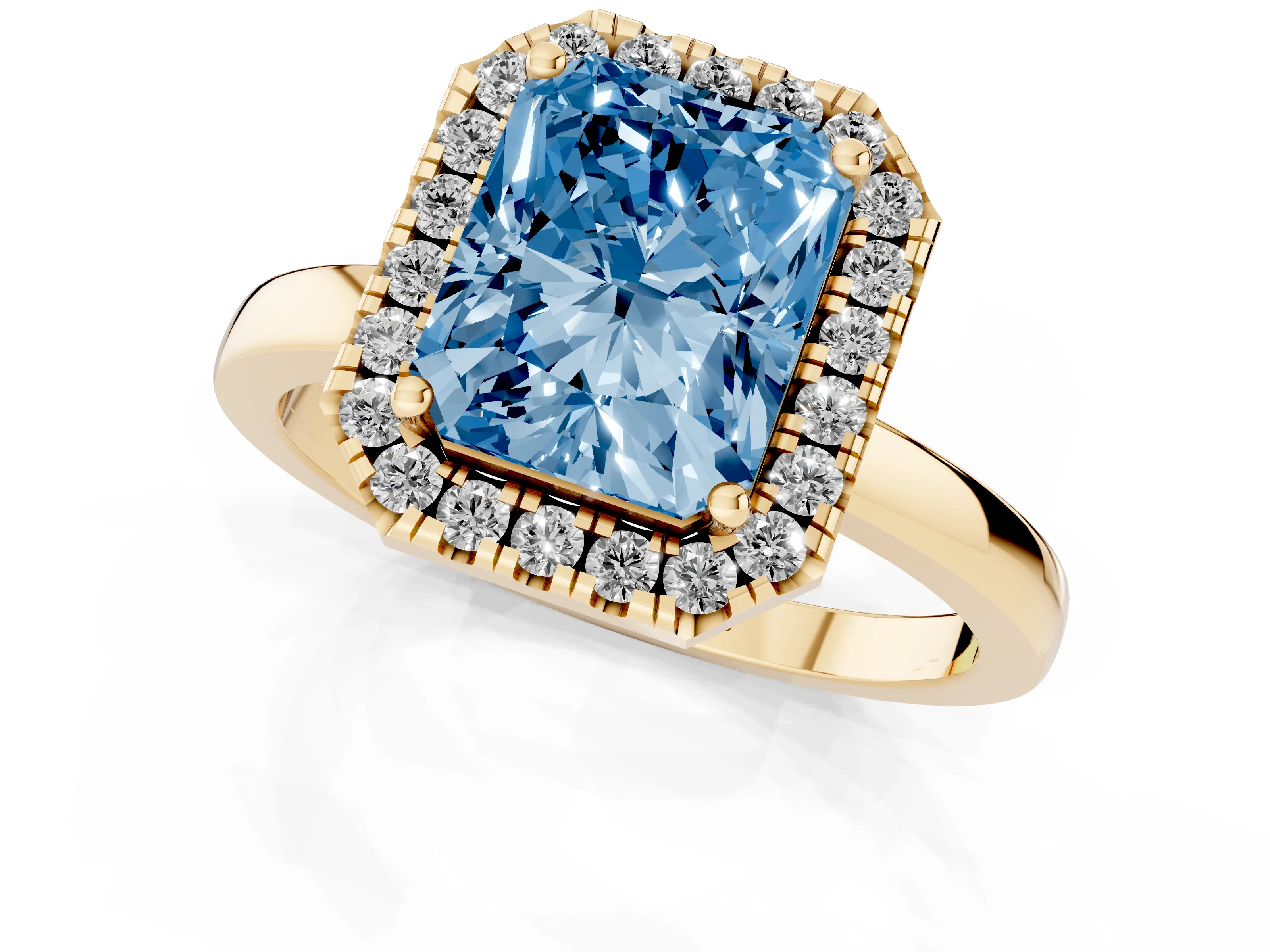 Fancy Blue Radiant Cut Diamond Halo Solitaire Ring Set in Yellow gold with Pavé Band and Prong Setting