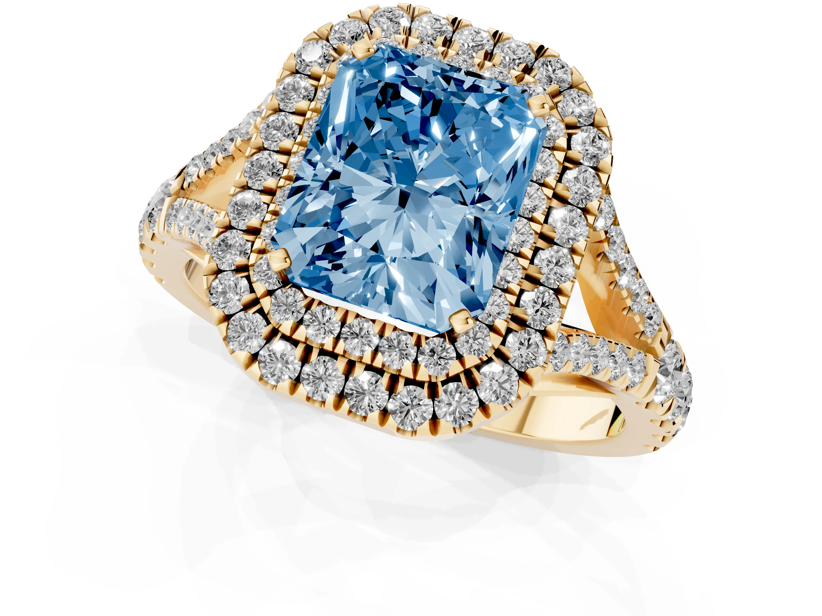 Fancy Blue Radiant Cut Diamond Pavé Split Shank Double Halo Engagement Ring Set in Yellow gold