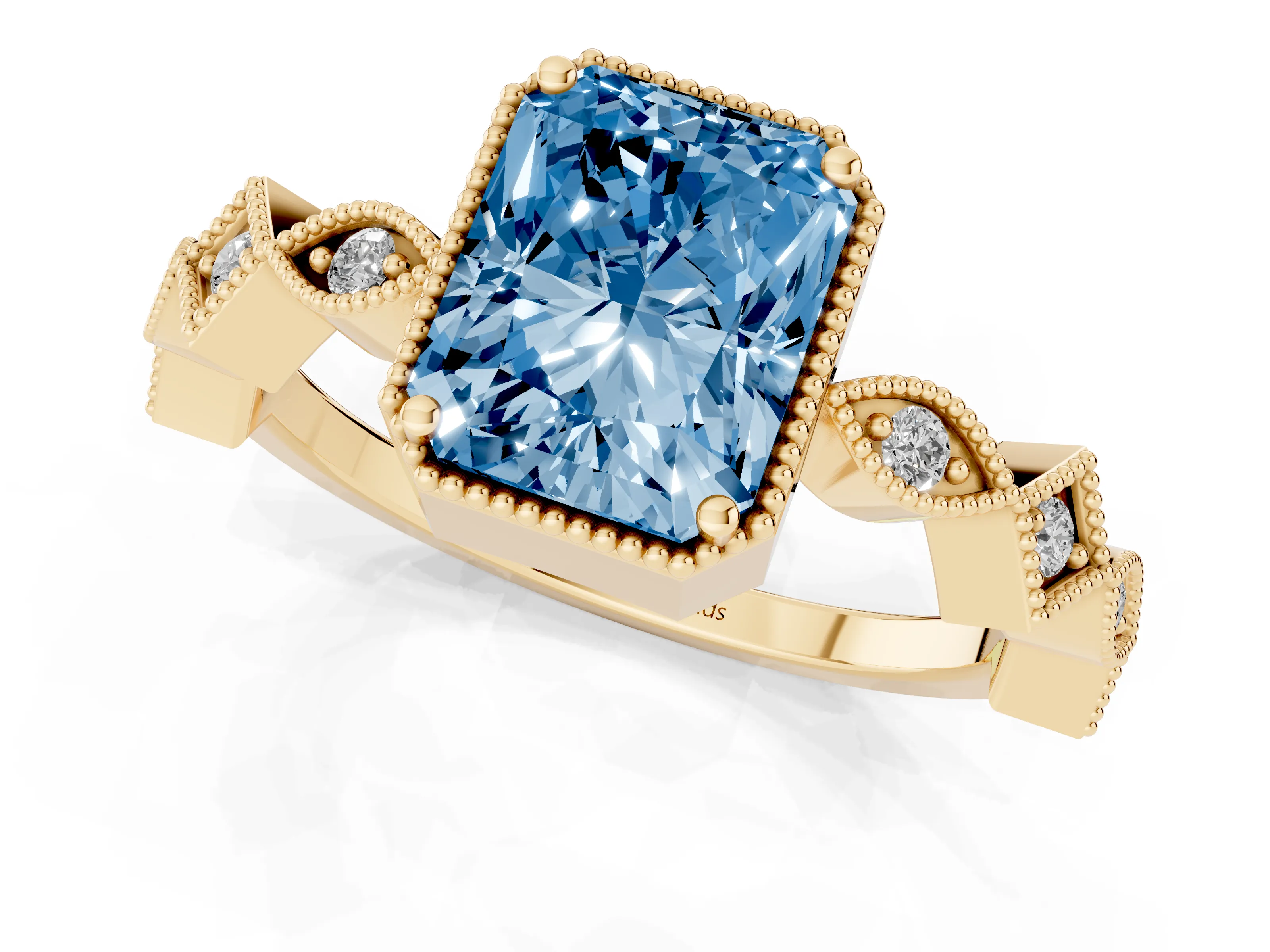 Fancy Blue Radiant Cut Diamond Milgrain Marquise Twist Band Ring Set in Yellow gold with Prong Setting