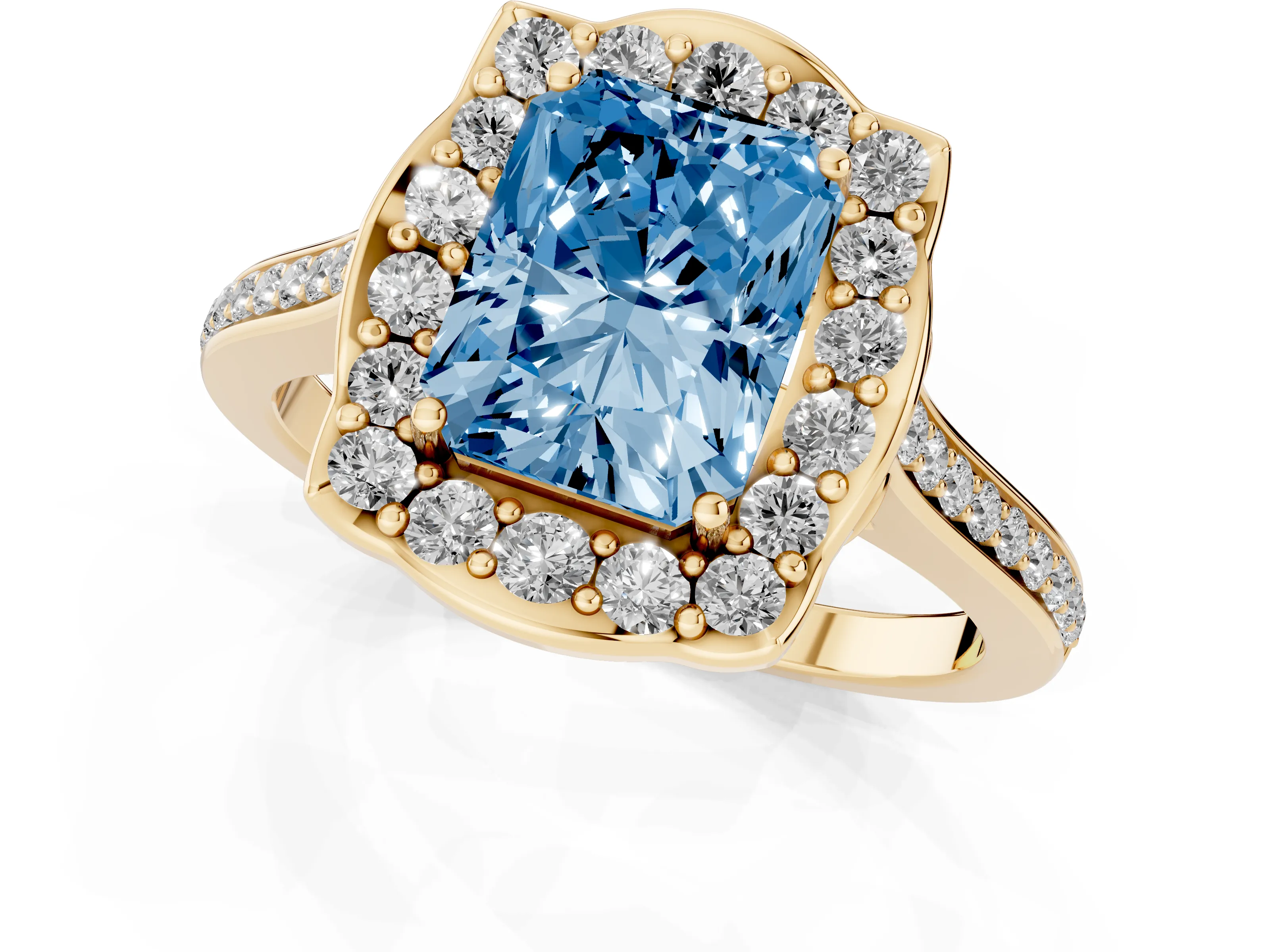 Fancy Blue Radiant Cut Diamond Halo Ring Set in Yellow gold with Pavé-Lined Shoulders and Prong Setting
