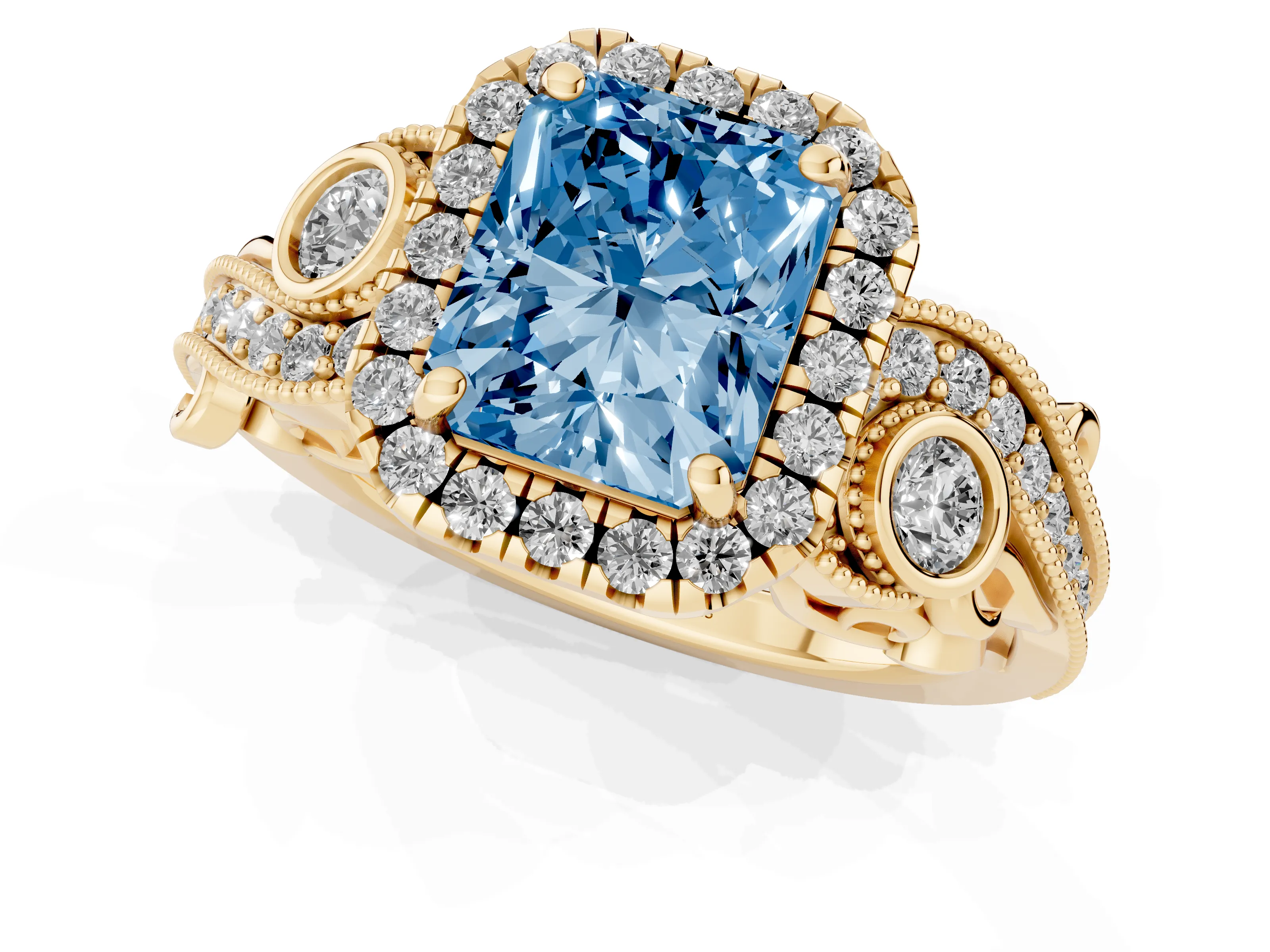 Fancy Blue Radiant Cut Diamond Halo Ring Set in Yellow gold with Milgrain Pavé Band and Prong Setting