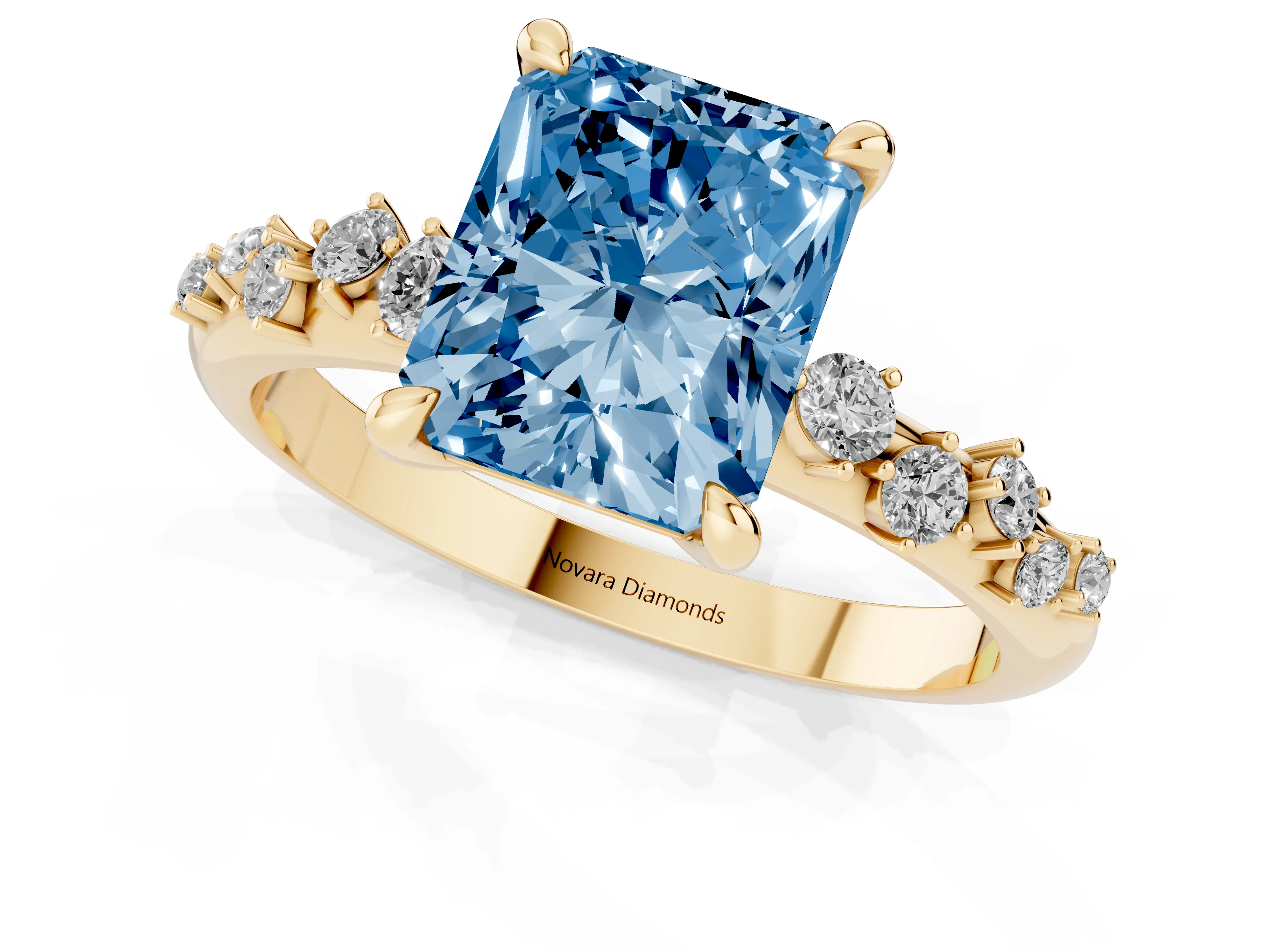 Fancy Blue Radiant Cut Diamond Solitaire Vine Band Ring Set in Yellow gold with Round Accents and Prong Setting – second view