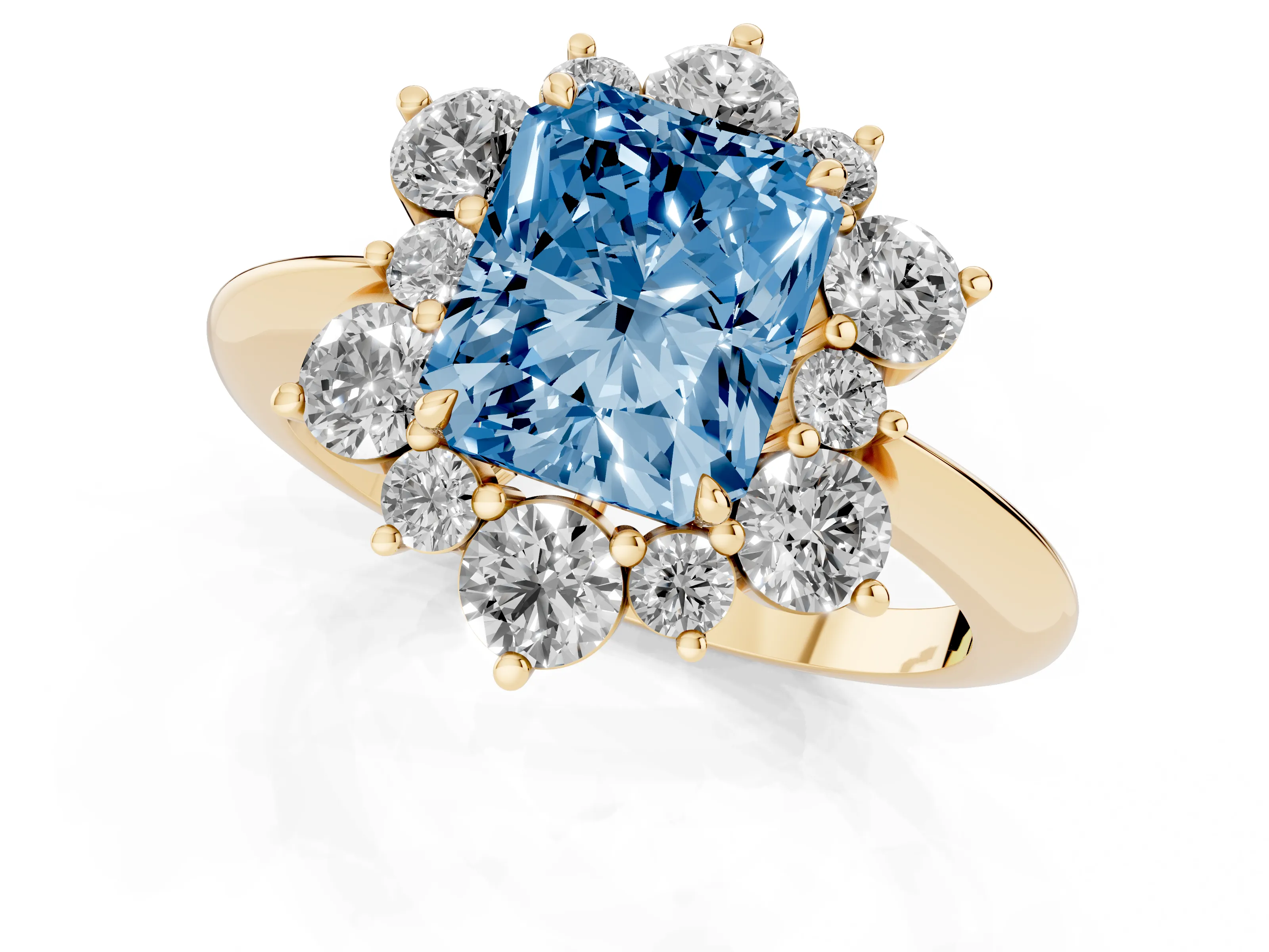 Fancy Blue Radiant Cut Diamond Cluster Halo Ring Set in Yellow gold with Solitaire Band and Prong Setting