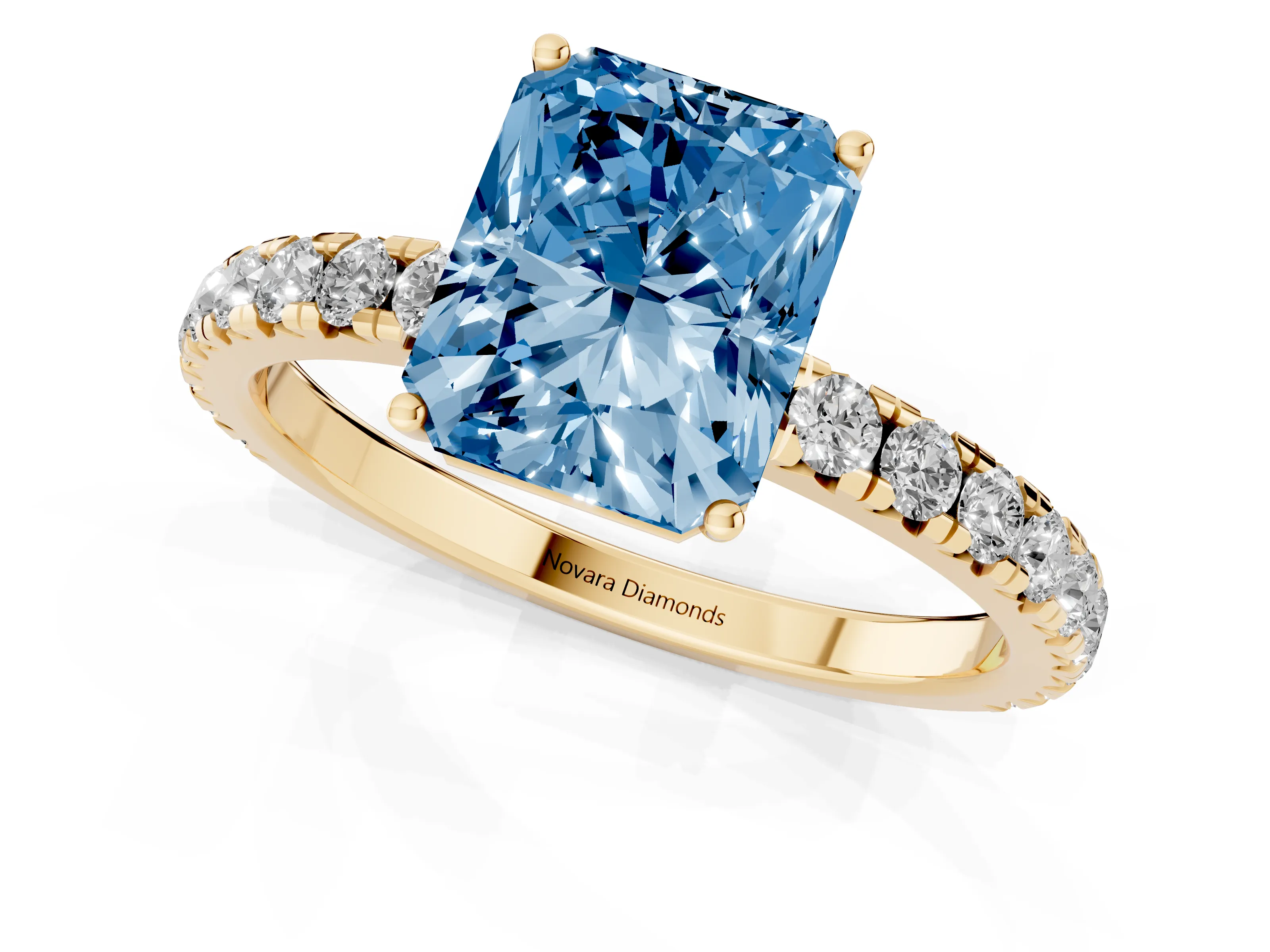 Fancy Blue Radiant Cut Diamond Pavé Solitaire Engagement Ring Set in Yellow gold with Prong Setting