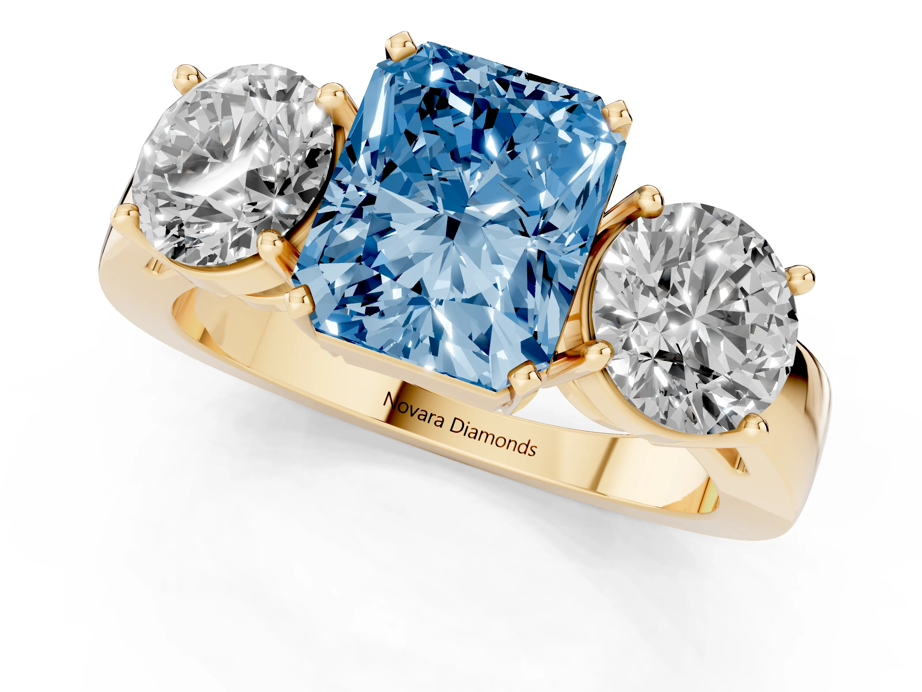 Fancy Blue Radiant Cut Diamond Three-Stone Ring Set in Yellow gold with Round Side Stones and Classic Band