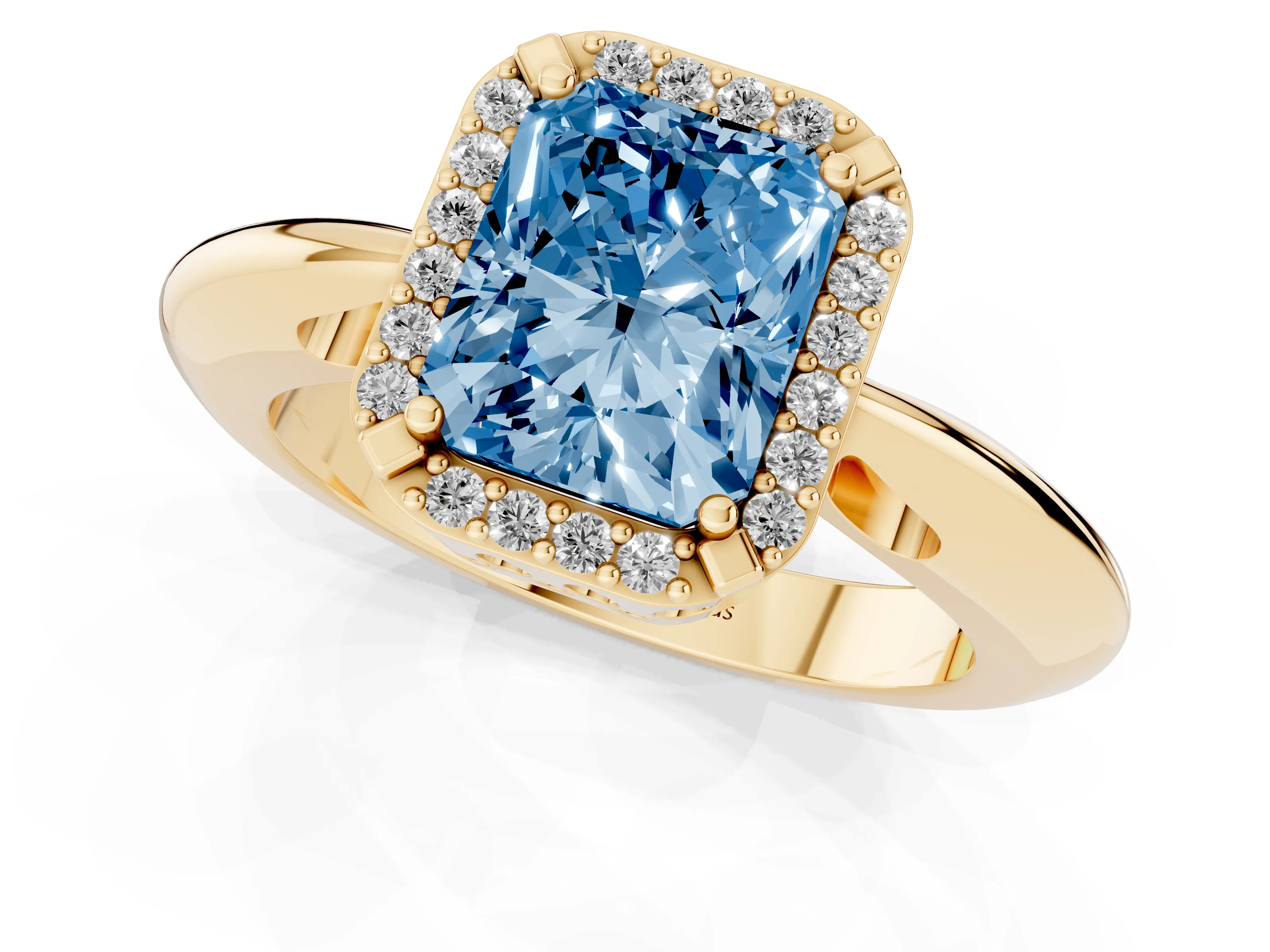 Fancy Blue Radiant Cut Diamond Halo Engagement Ring Set in Yellow gold with Plain Split Shank and Prong Setting