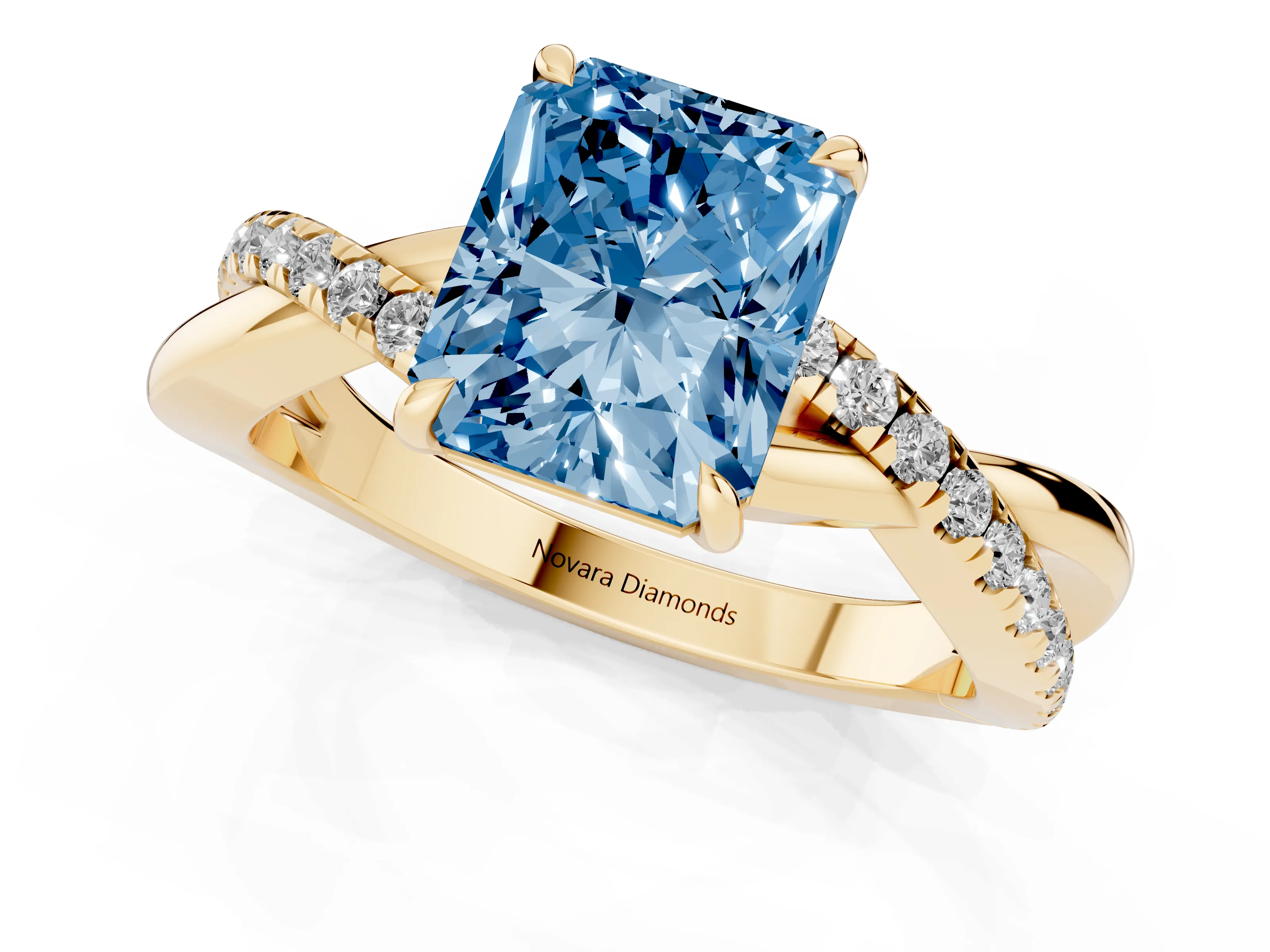 Fancy Blue Radiant Cut Diamond Twisted Pavé Band Ring Set in Yellow gold with Prong Setting