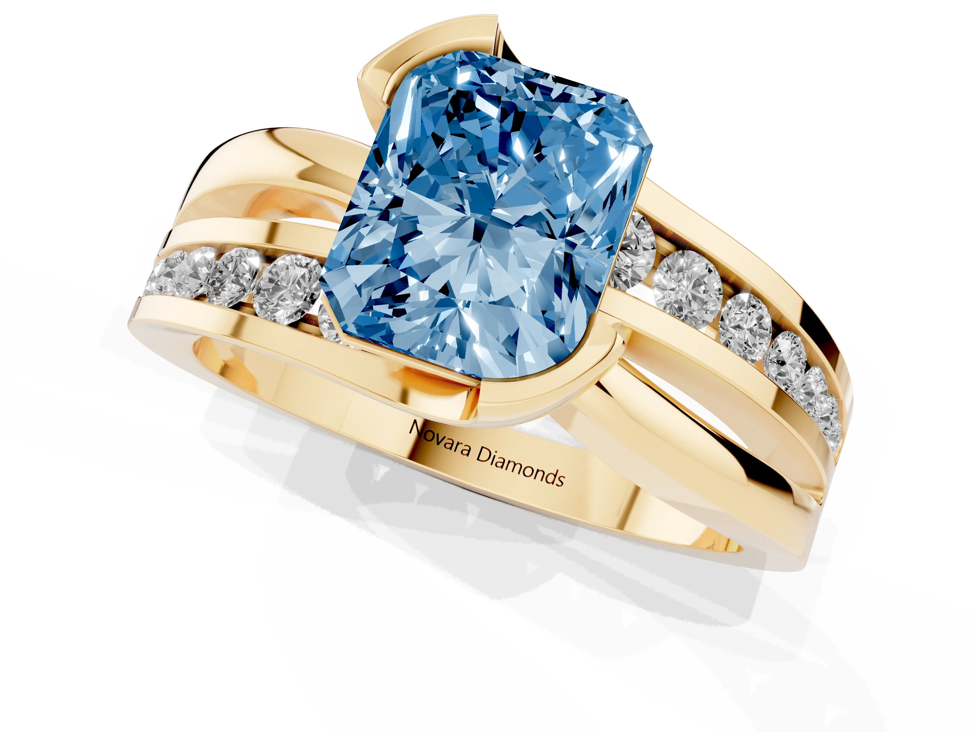Fancy Blue Radiant Cut Diamond Solitaire Ring Set in Yellow gold with Channel Set Split Shank and Tension Prongs