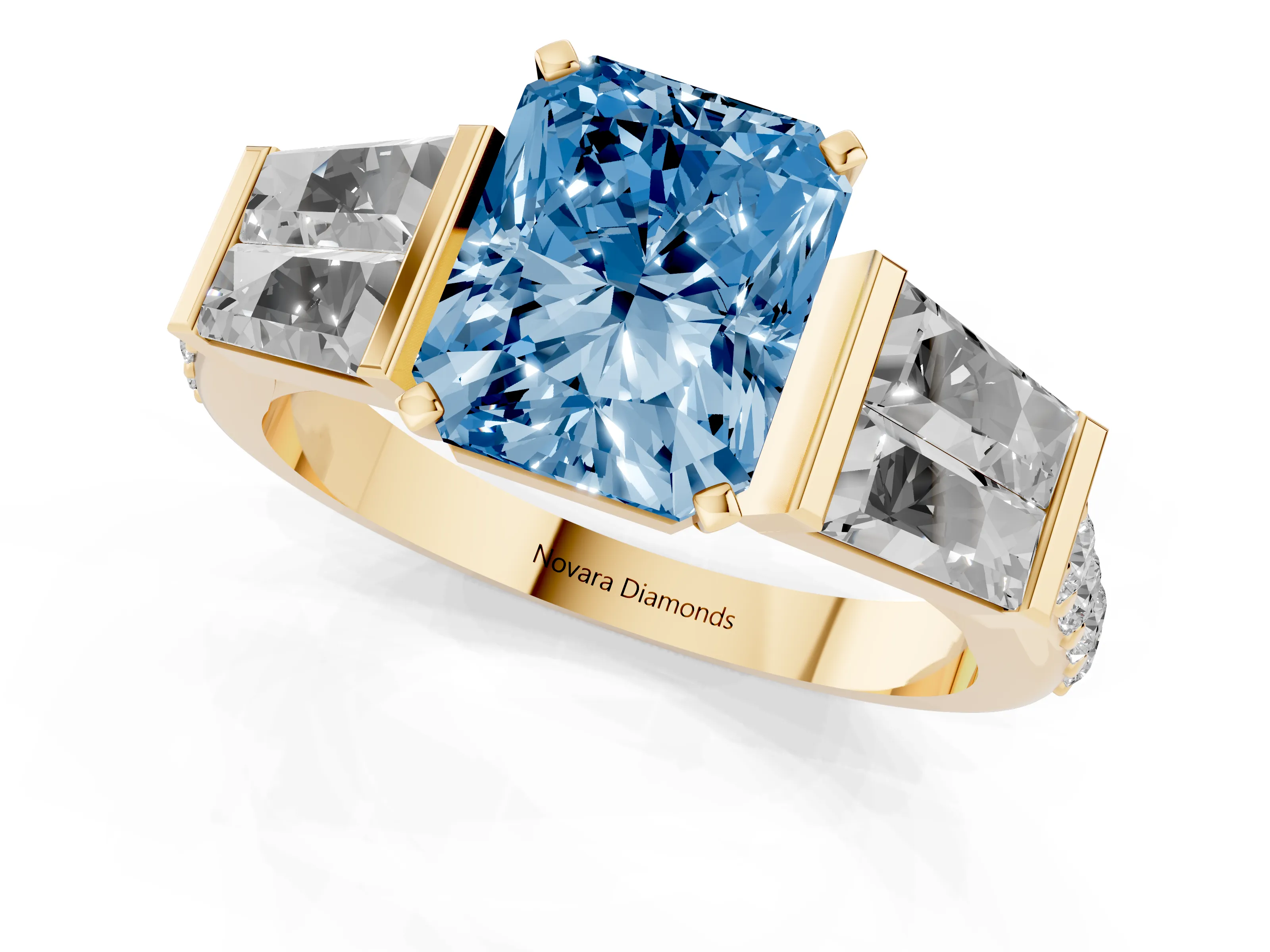 Fancy Blue Radiant Cut Diamond Engagement Ring Set in Yellow gold with Baguette Side Stones and Channel Set Band