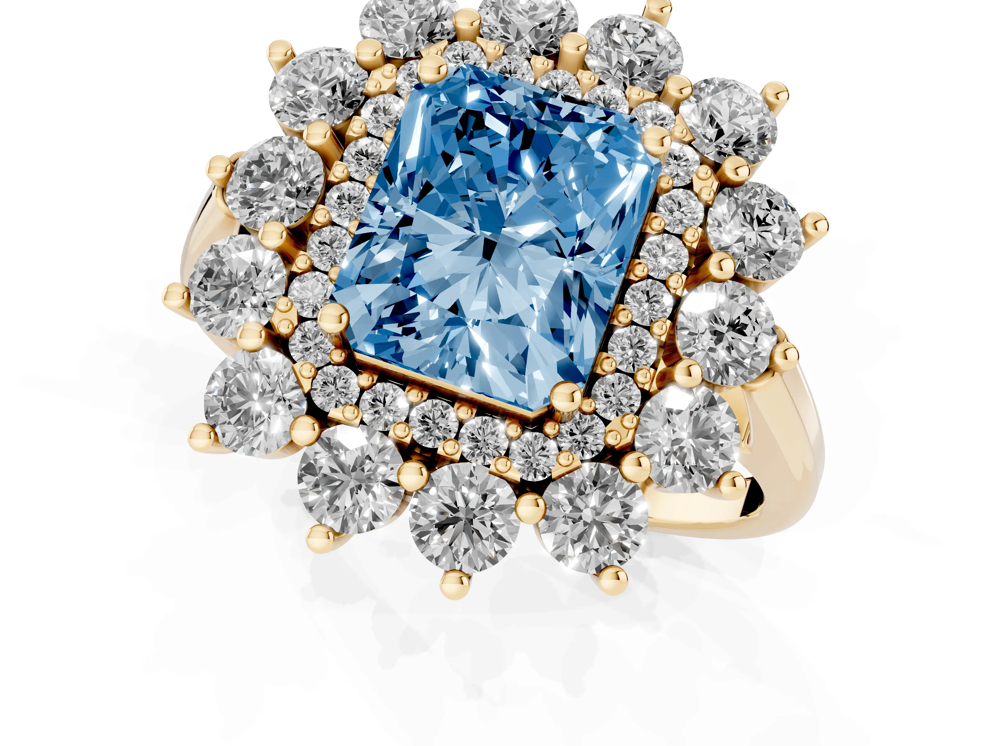 Fancy Blue Radiant Cut Diamond Floral Double Halo Ring Set in Yellow gold with Round Petals