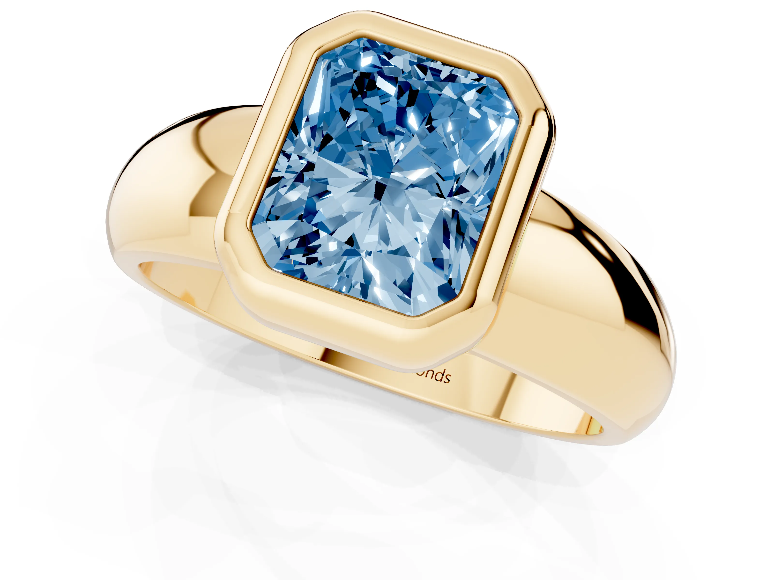 Fancy Blue Bezel Set Radiant Cut Diamond Solitaire Ring Set in Yellow gold with Wide Band