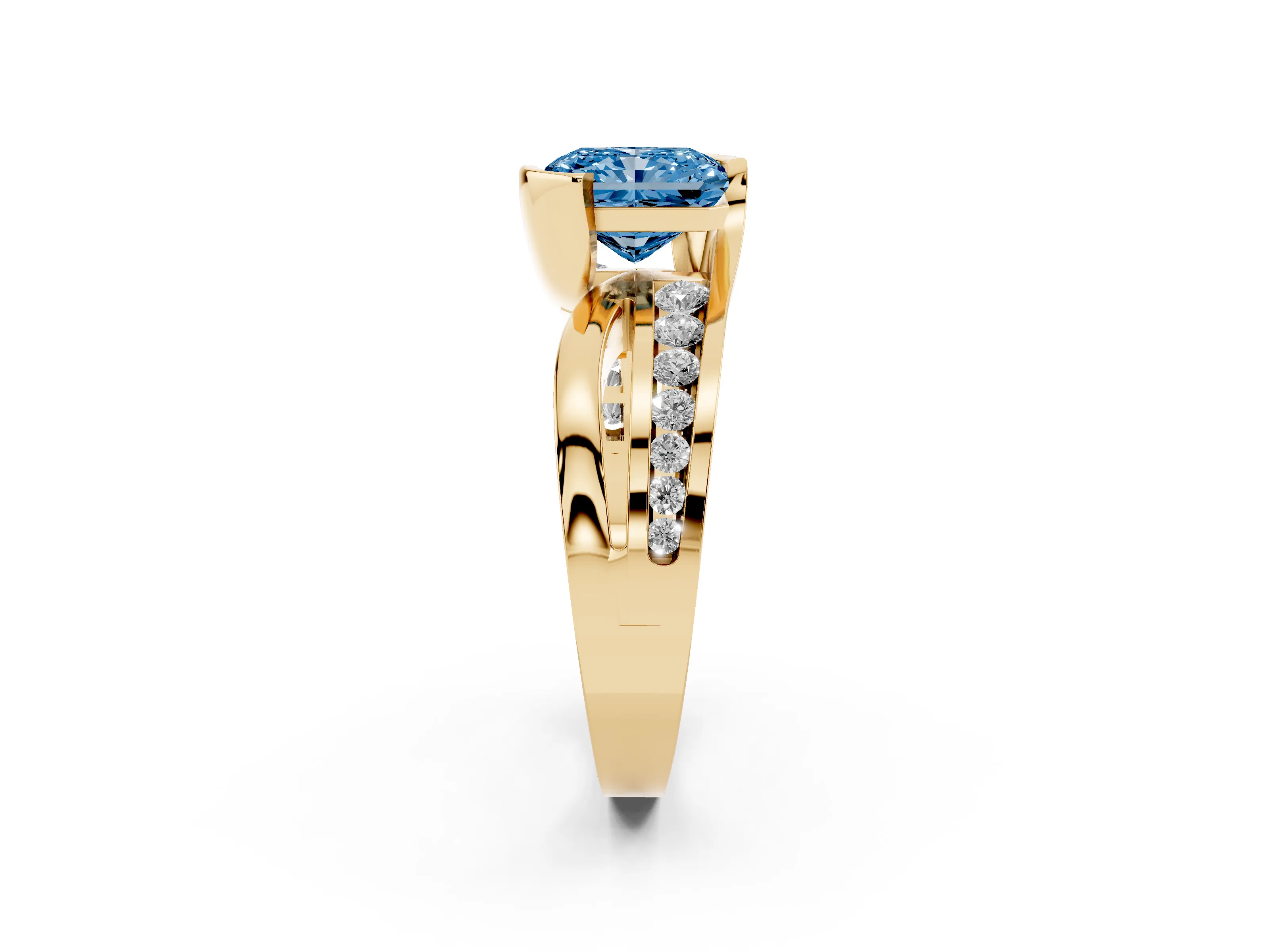 Fancy Blue Radiant Cut Diamond Solitaire Ring Set in Yellow gold with Channel Set Split Shank and Tension Prongs