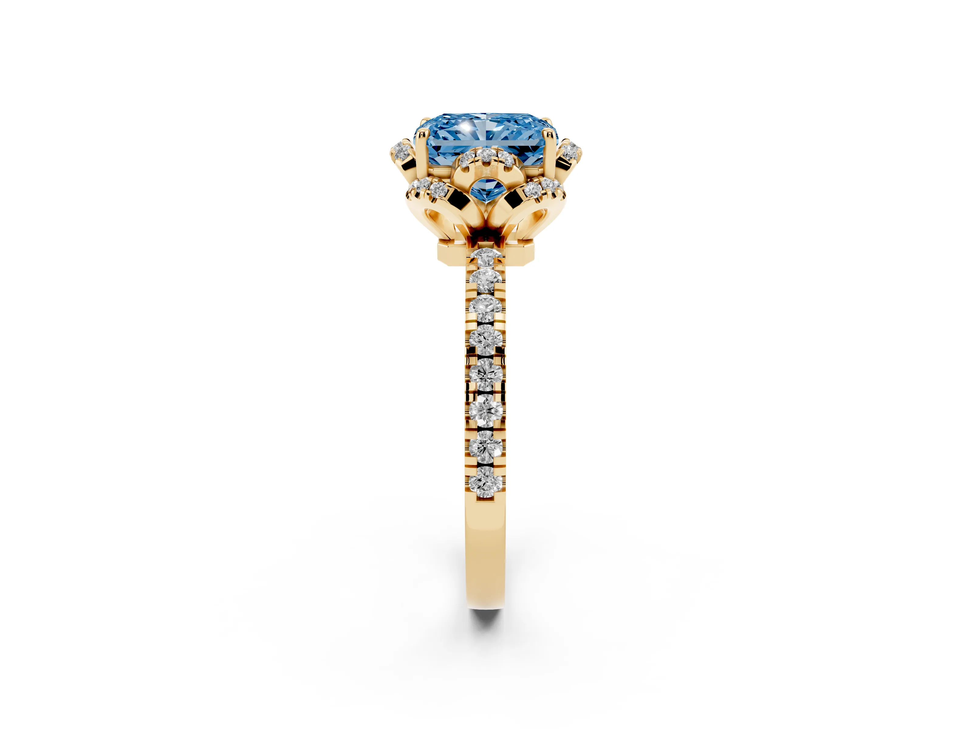 Fancy Blue Radiant Cut Diamond Halo Pavé Band Ring Set in Yellow gold with Prong-Held Center