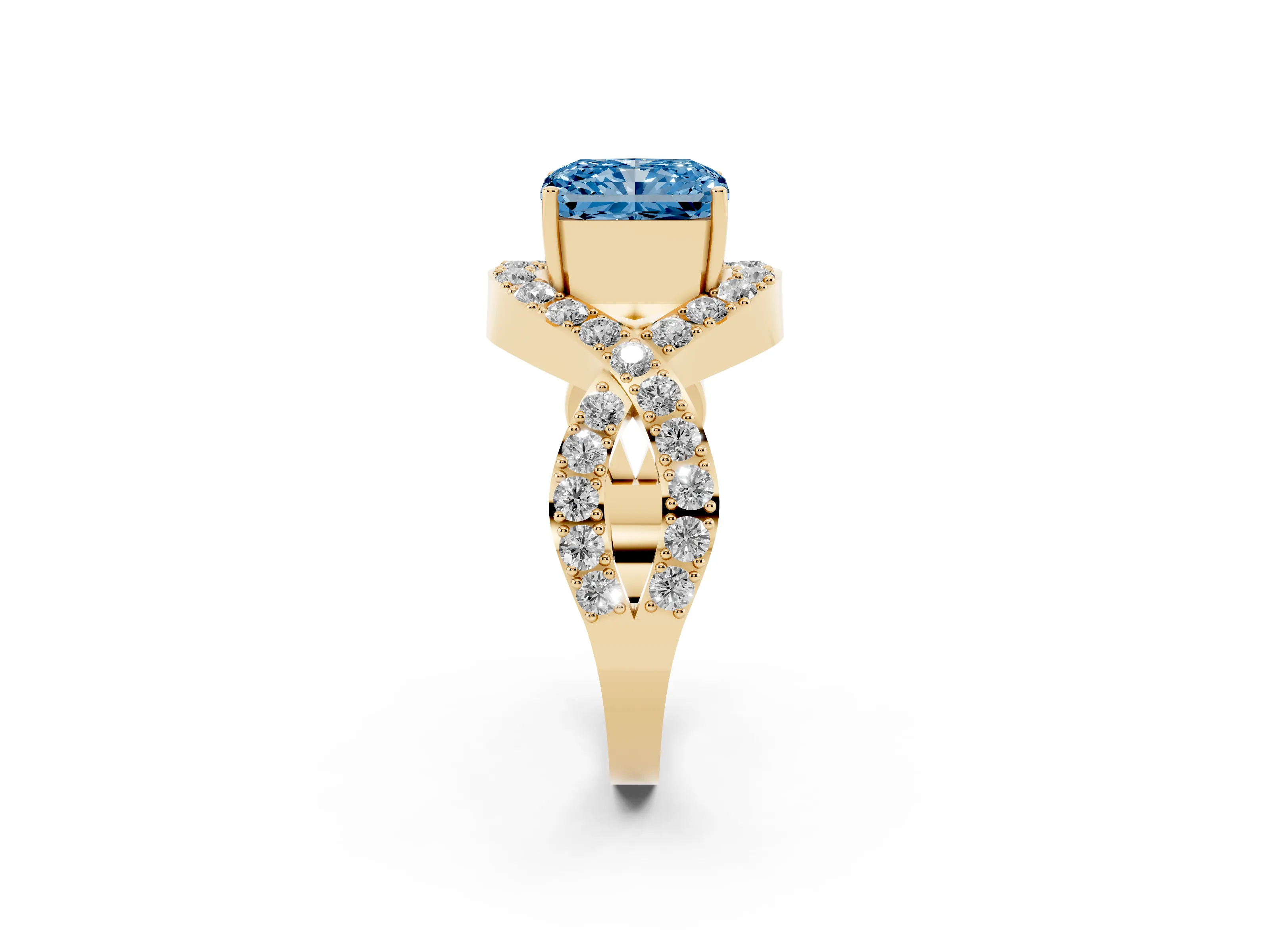 Fancy Blue Radiant Cut Diamond Solitaire Twist Band Pavé Engagement Ring Set in Yellow gold