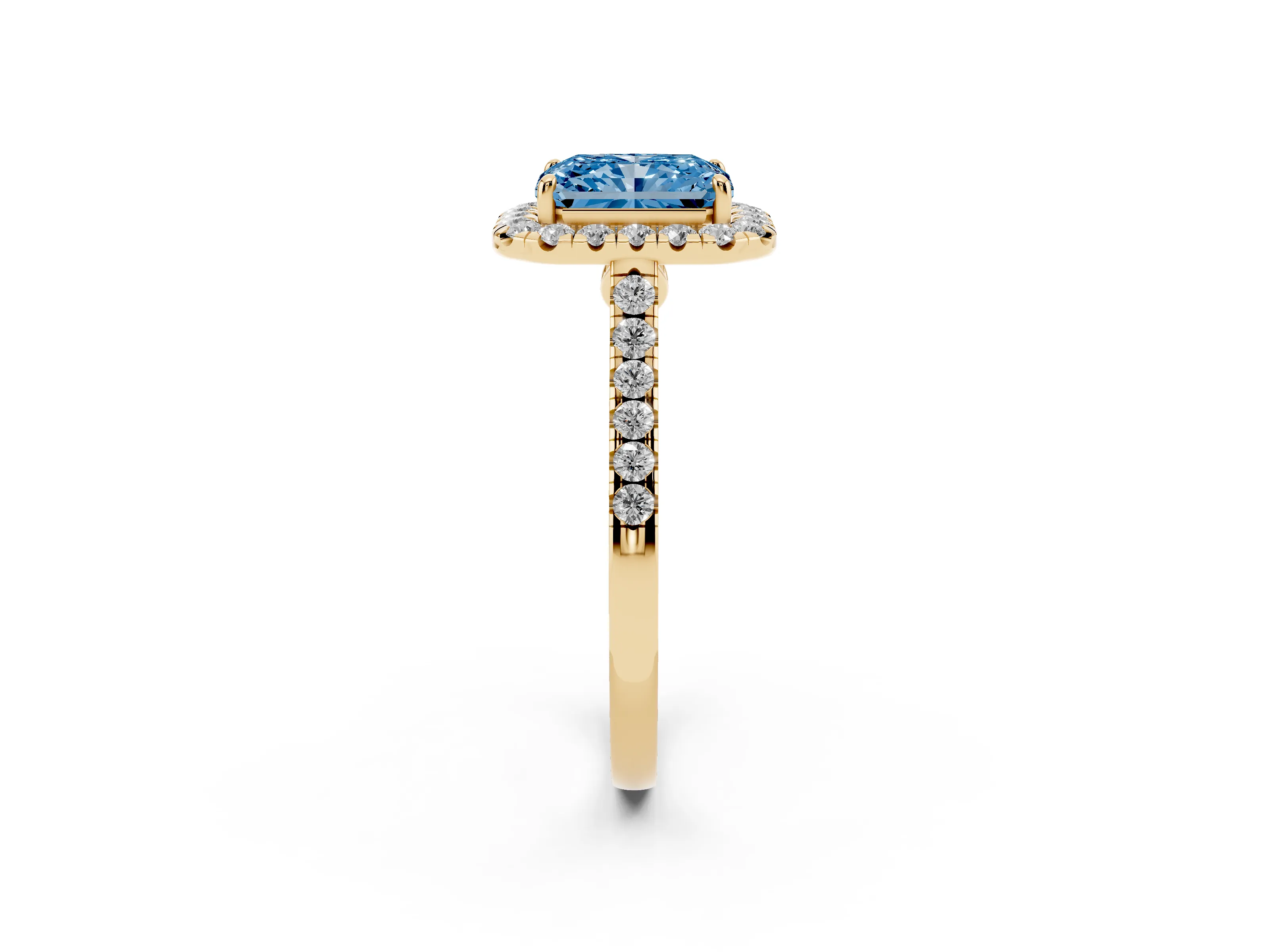 Fancy Blue Radiant Cut Diamond Halo Pavé Engagement Ring Set in Yellow gold with Prong Setting