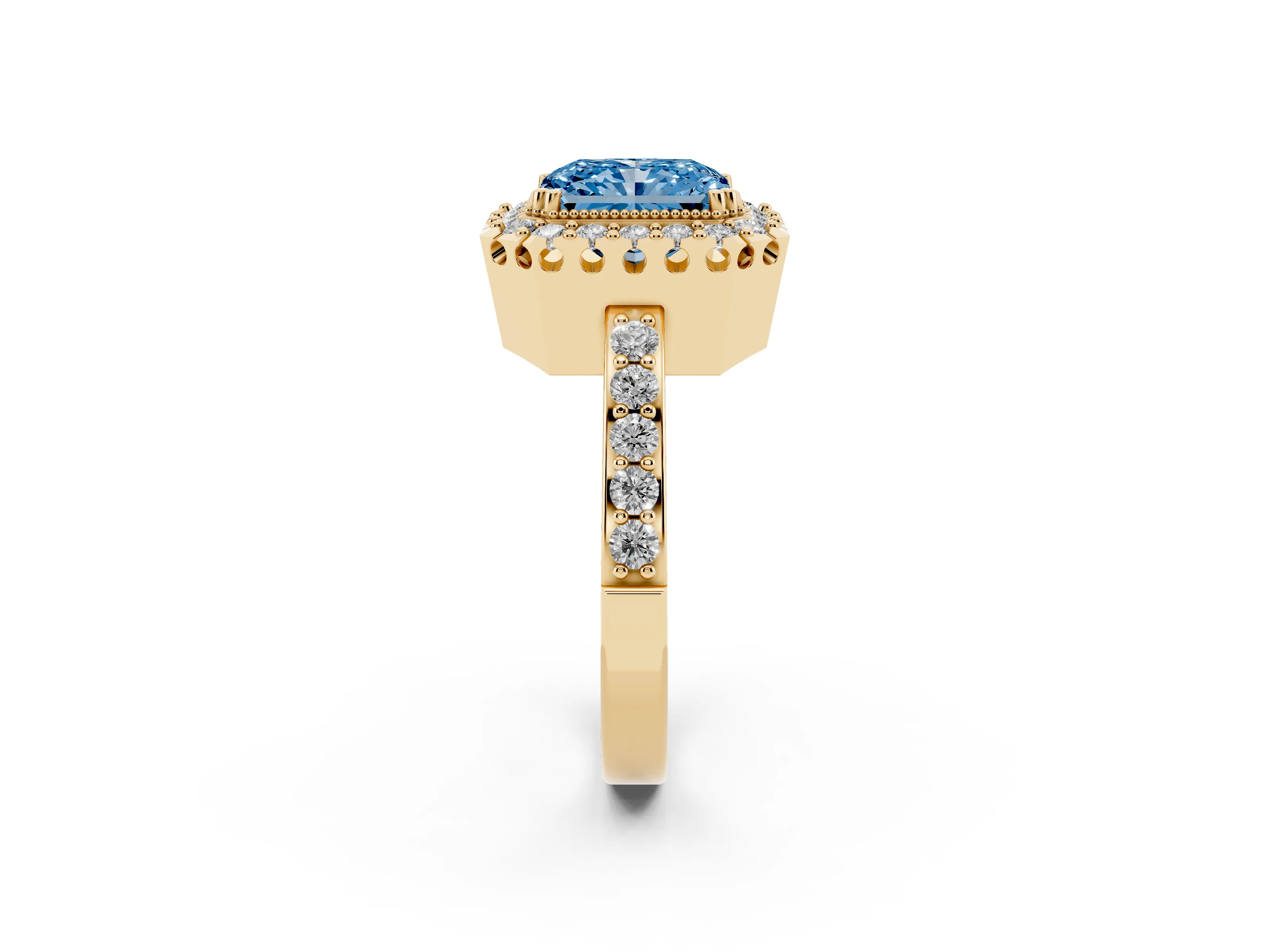 Fancy Blue Radiant Cut Diamond Halo Ring Set in Yellow gold with Pavé Shank and Prong Setting