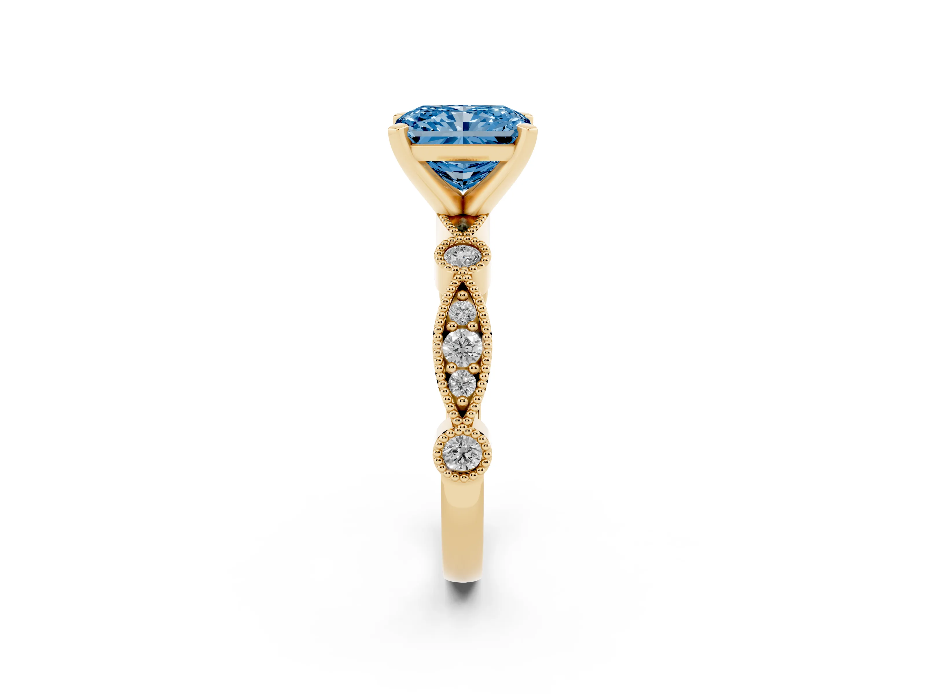 Fancy Blue Radiant Cut Diamond Solitaire Engagement Ring Set in Yellow gold with Milgrain Bezel Accent Band