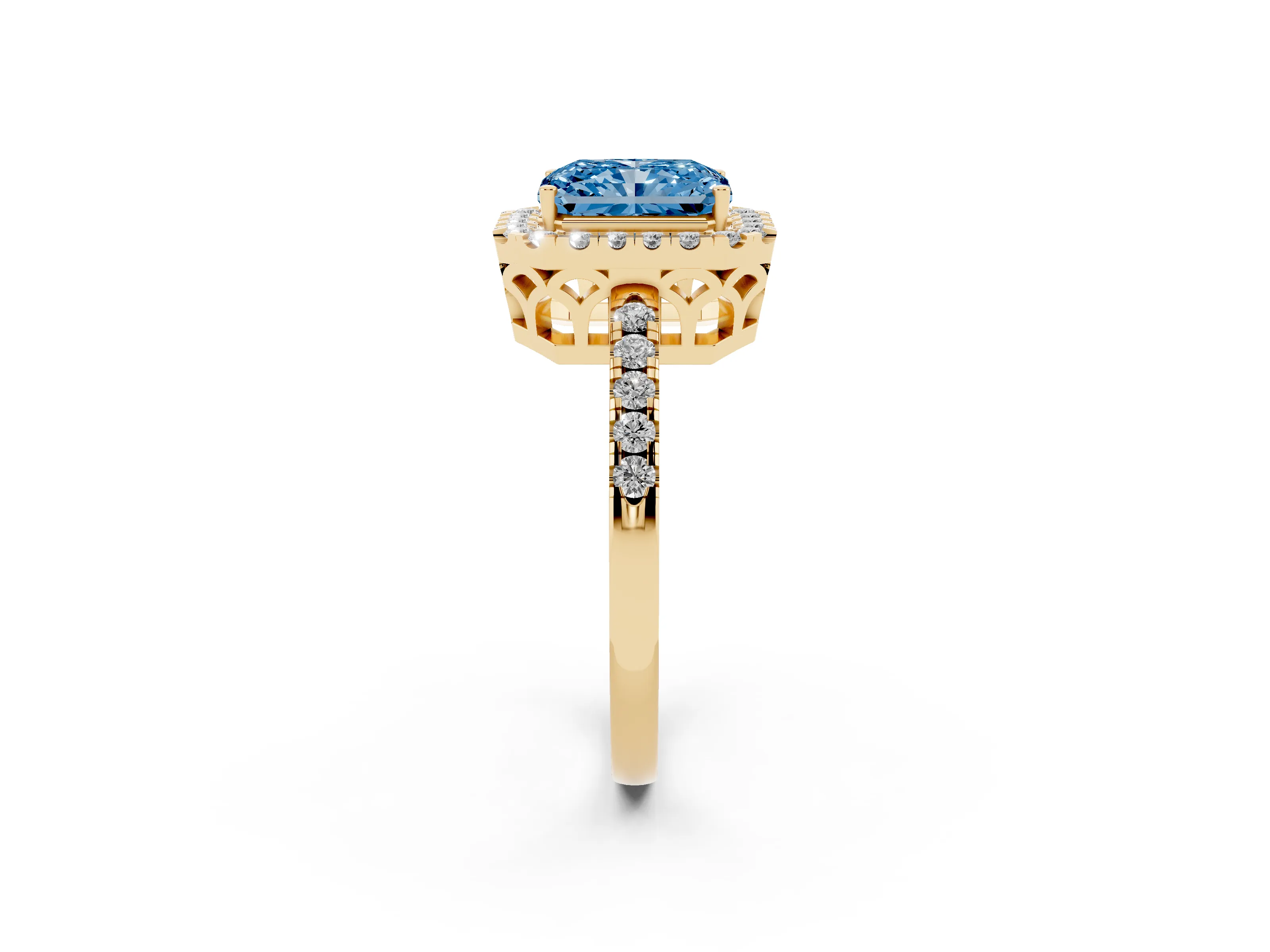 Fancy Blue Radiant Cut Diamond Pavé Band Halo Engagement Ring Set in Yellow gold with Prong Setting