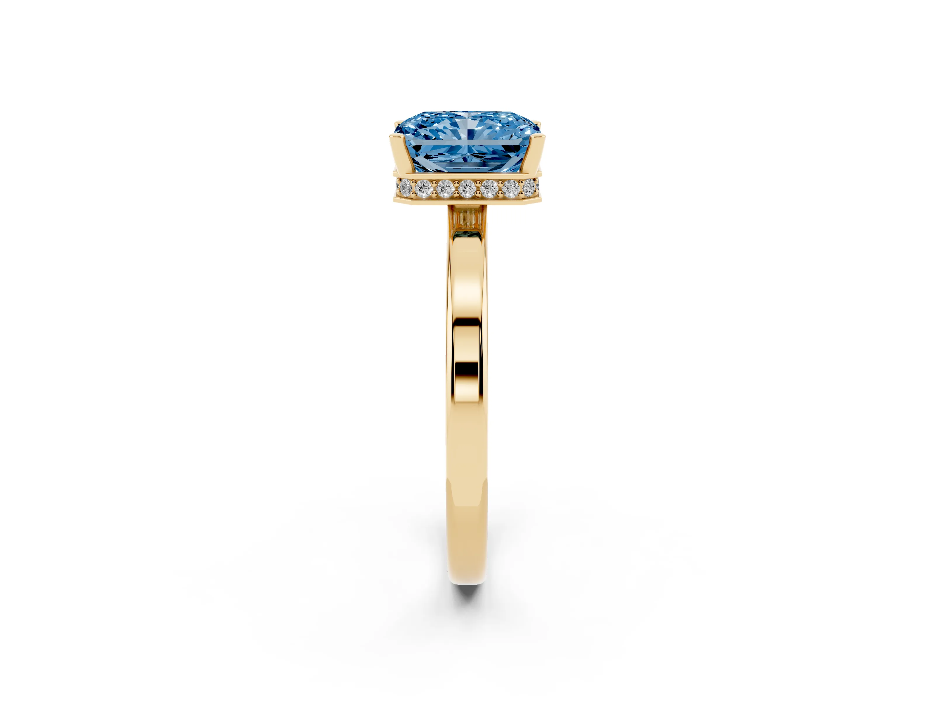 Fancy Blue Radiant Cut Diamond Solitaire Engagement Ring Set in Yellow gold with Prong Setting on a Plain Band