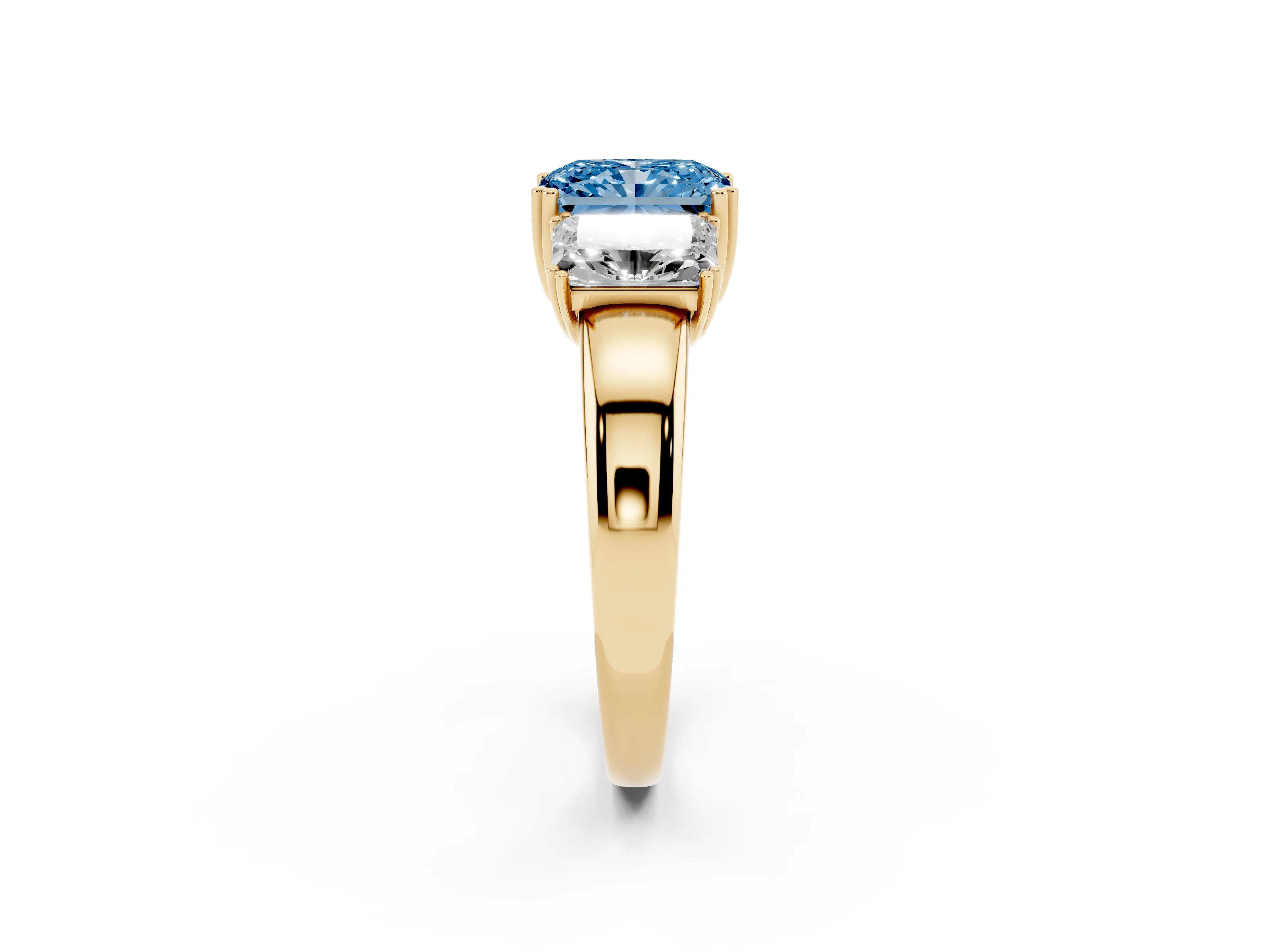 Fancy Blue Radiant Cut Diamond Three-Stone Ring Set in Yellow gold with Polished Channel-Set Band