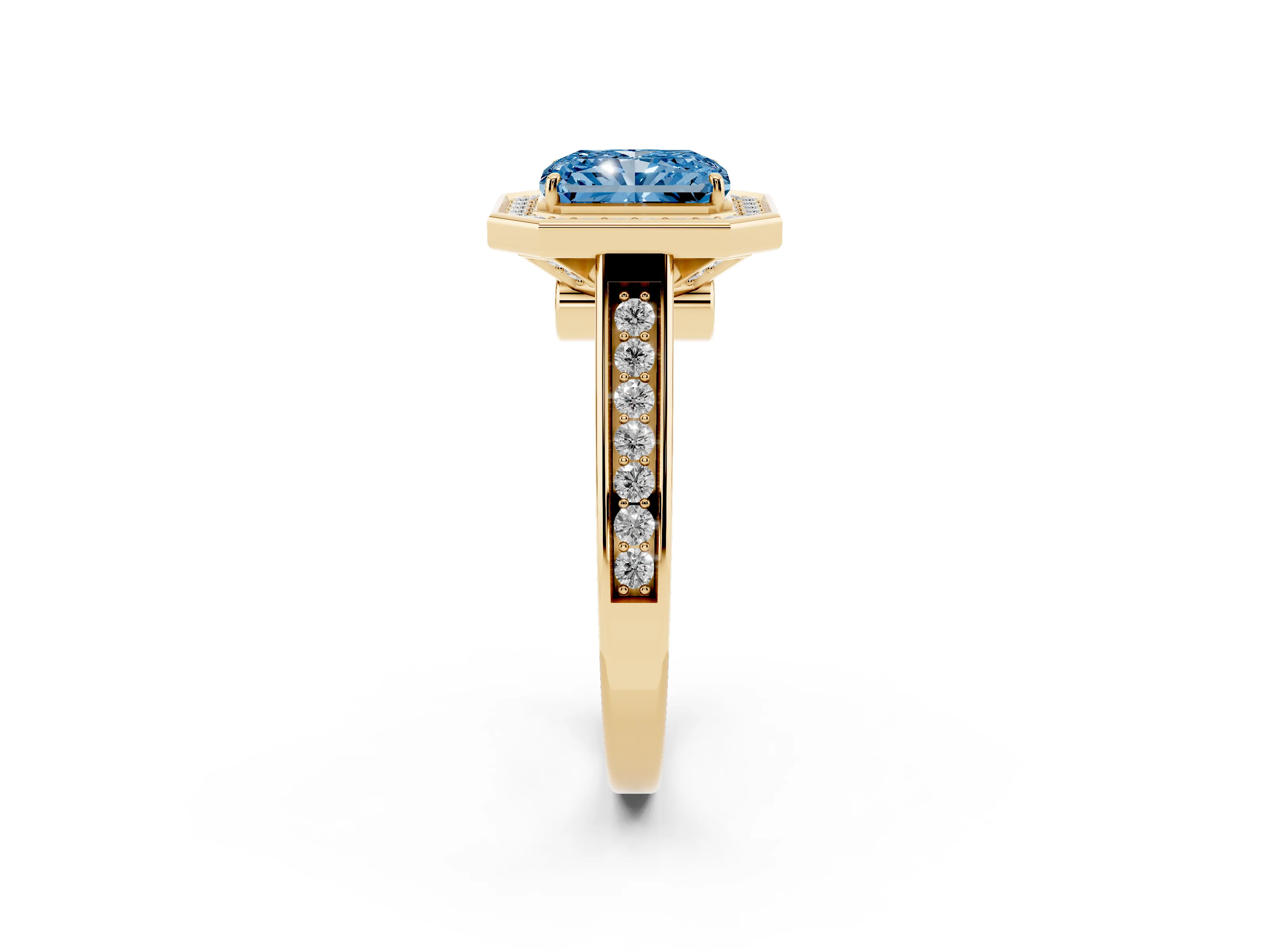 Fancy Blue Radiant Cut Diamond Halo Solitaire Ring Set in Yellow gold with Pavé Band and Bezel Setting