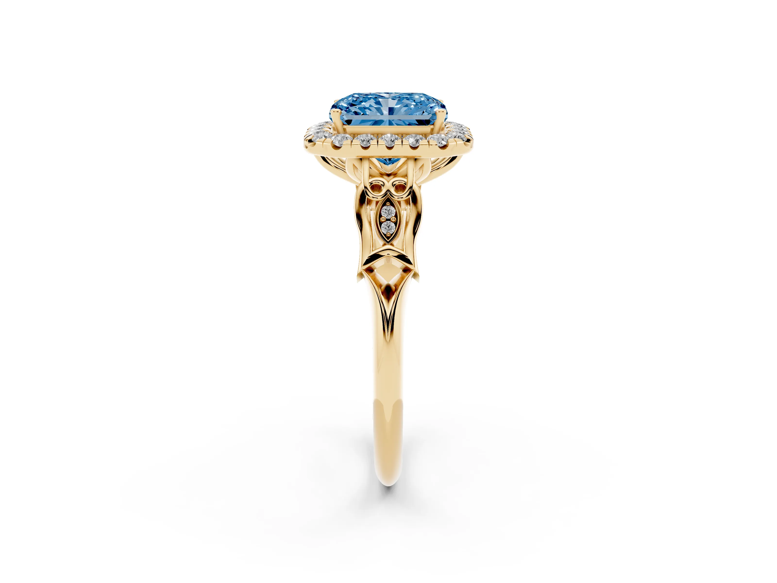 Fancy Blue Radiant Cut Diamond Halo Engagement Ring Set in Yellow gold with Filigree Band and Prong-Set Center