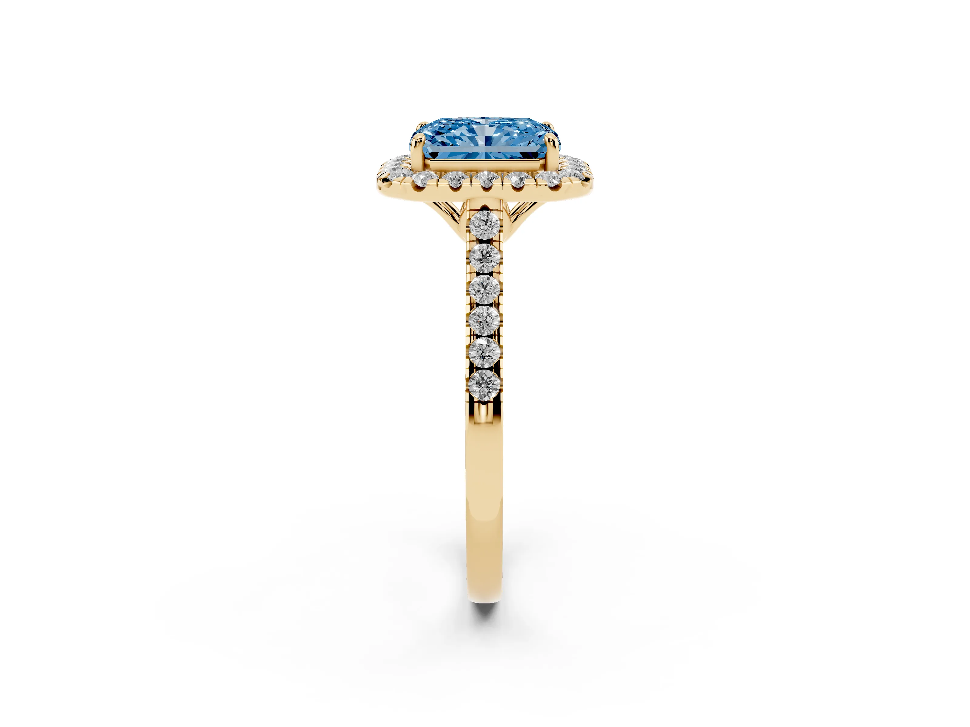 Fancy Blue Radiant Cut Diamond Pavé Halo Engagement Ring Set in Yellow gold with Pavé Band and Prong Setting