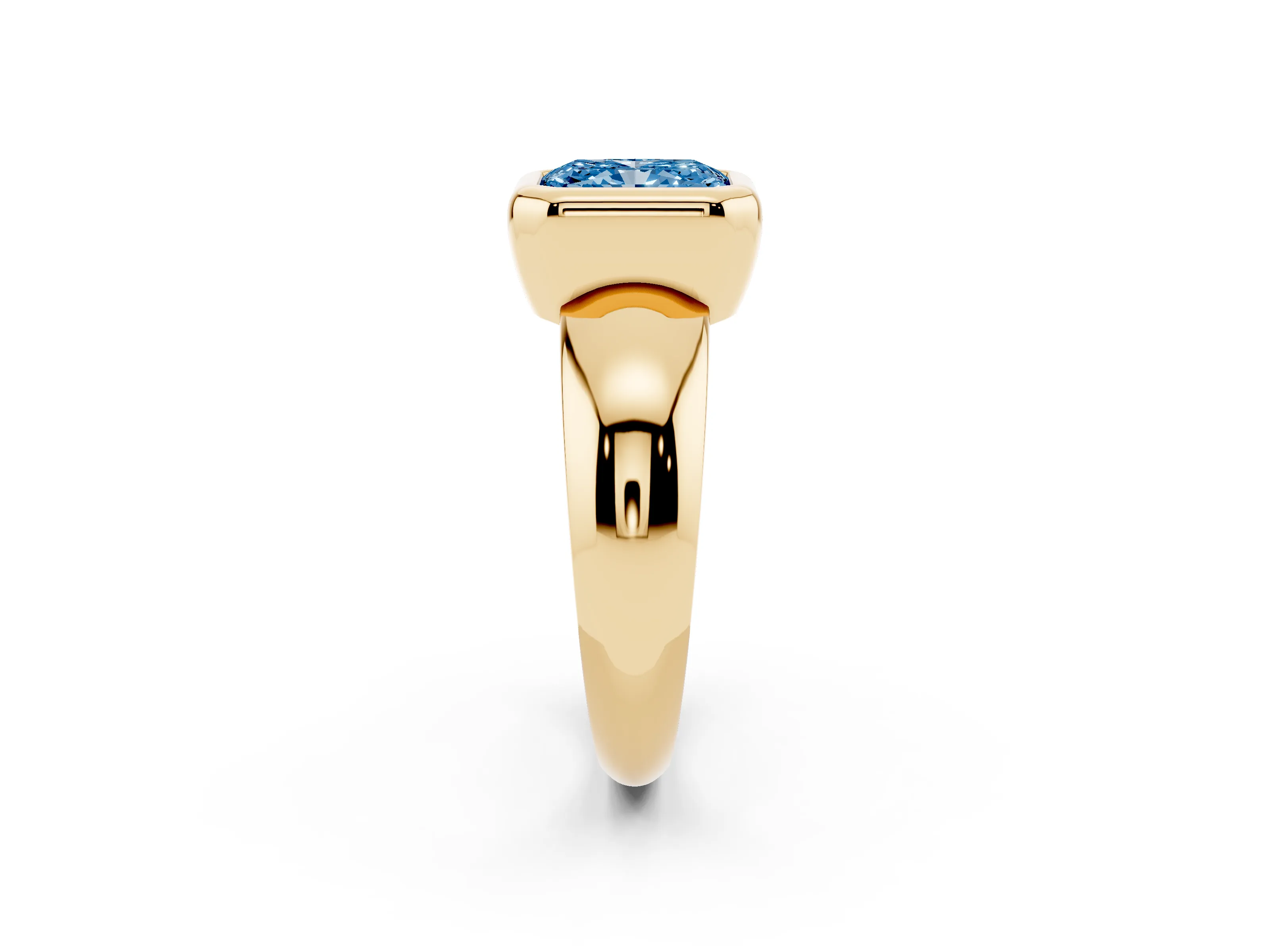 Fancy Blue Bezel Set Radiant Cut Diamond Solitaire Ring Set in Yellow gold with Wide Band