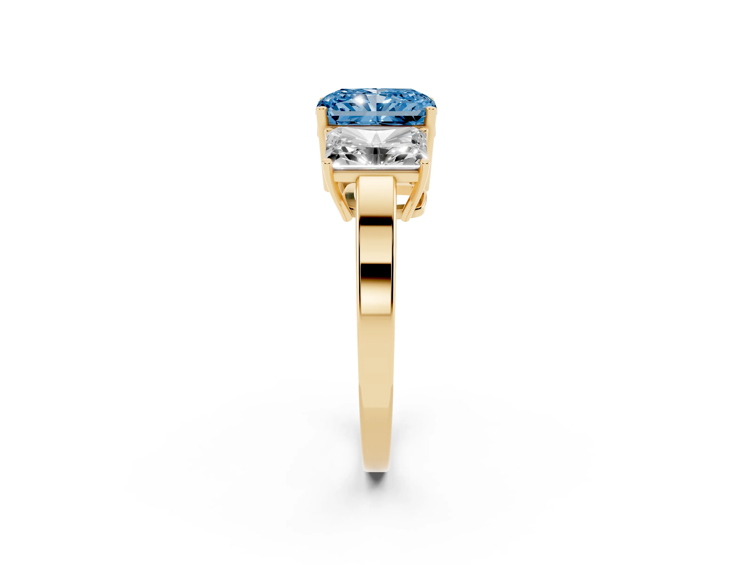 Fancy Blue Radiant Cut Diamond Three-Stone Engagement Ring Set in Yellow gold with Flat Band