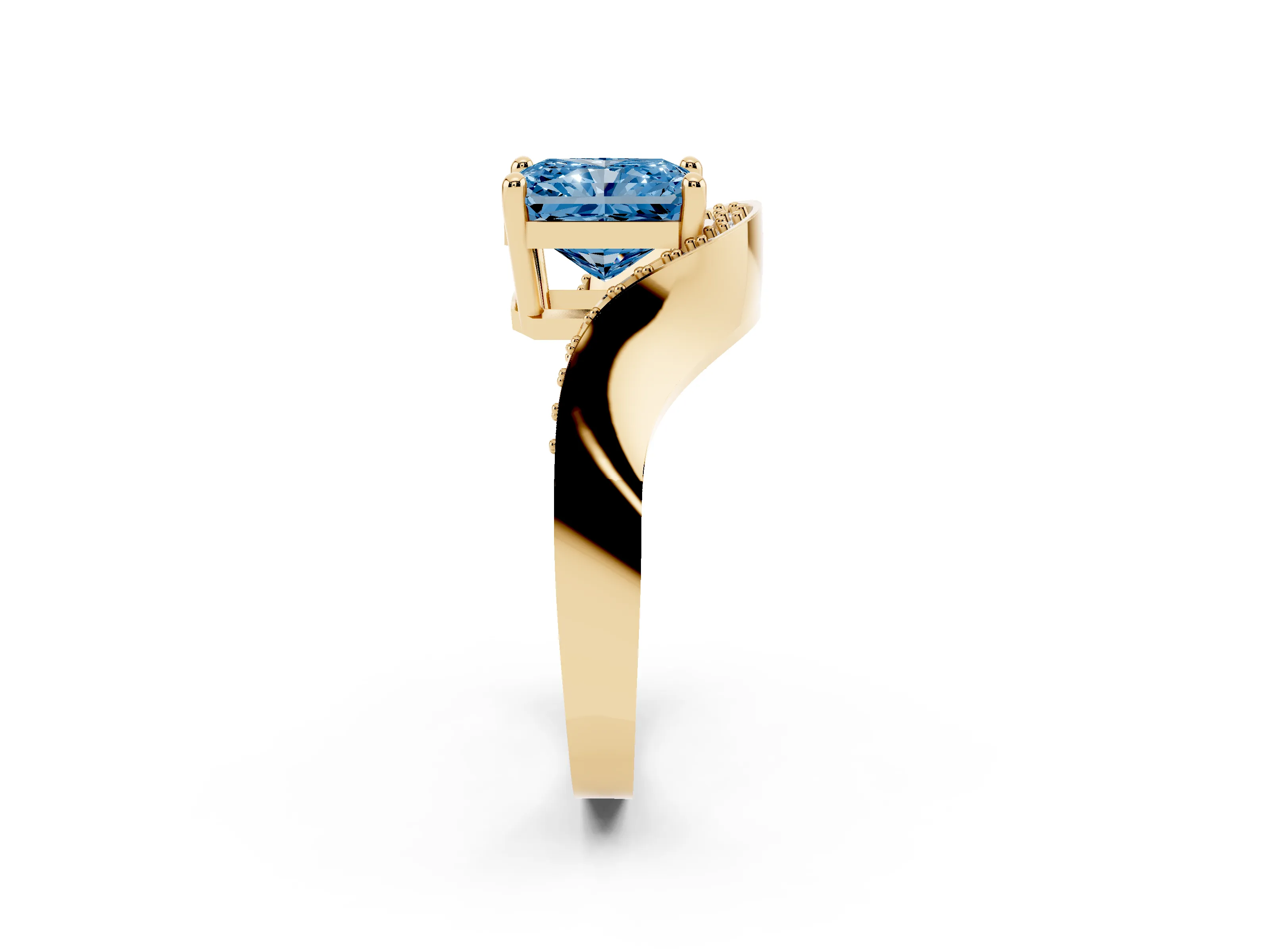Fancy Blue Radiant Cut Diamond Solitaire Engagement Ring Set in Yellow gold with Pavé Shoulders